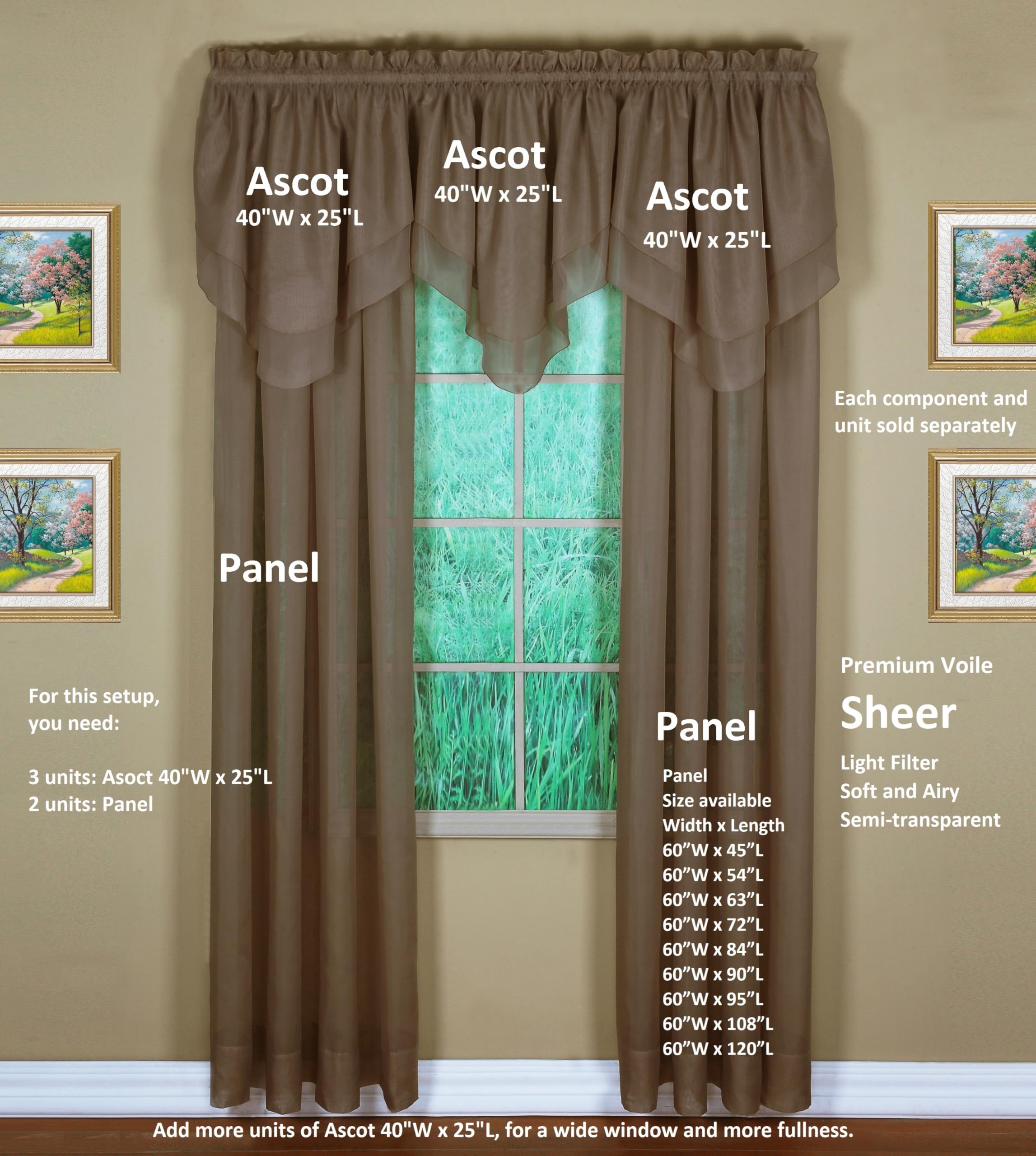 Today's Curtain Emelia Original Voile Panel 72", Taupe, 60" W x 72" L, W 60" x L 72" (1 Panels) - Image 3