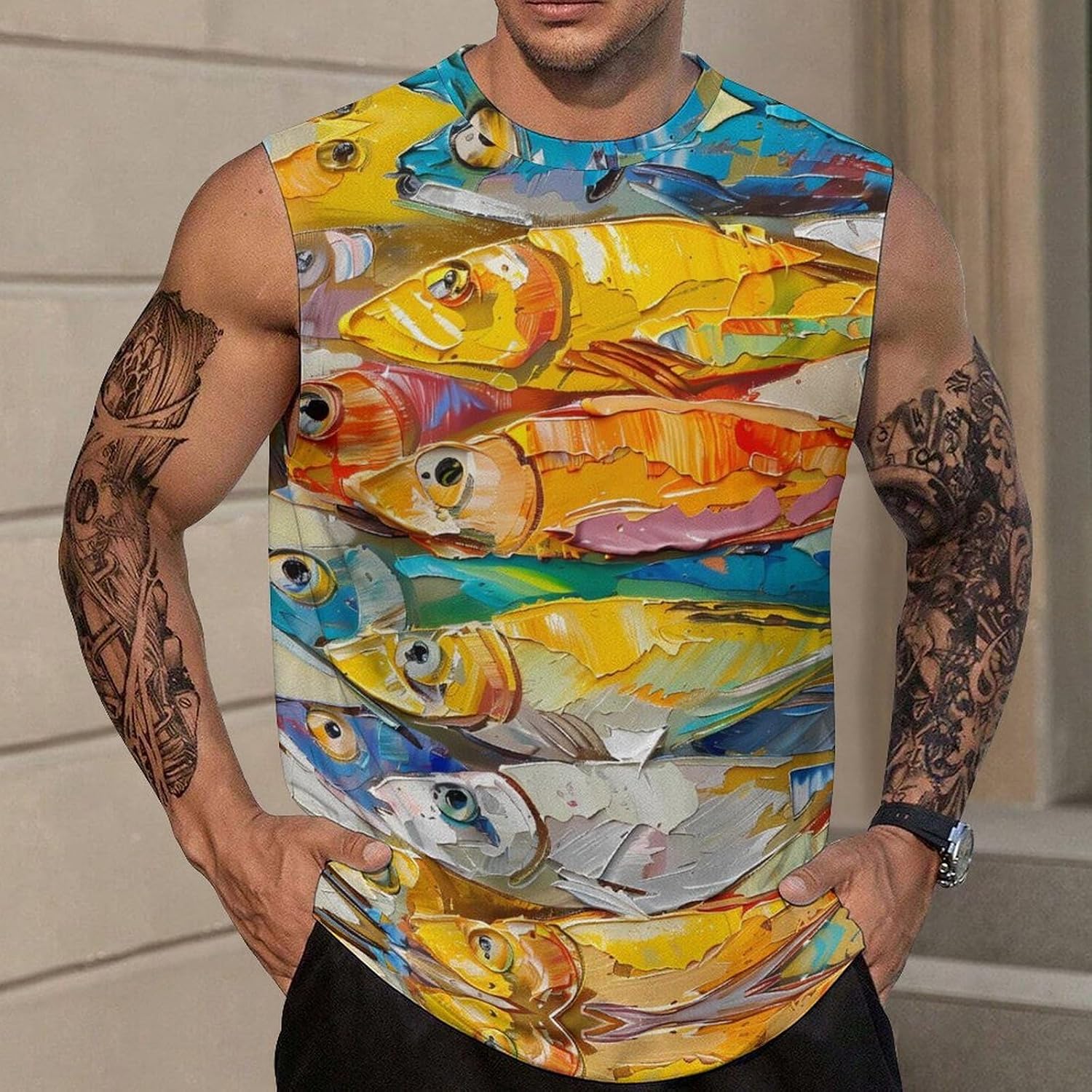 Colorful Fish Men Summer Sleeveless Crew Neck Top 5XL
