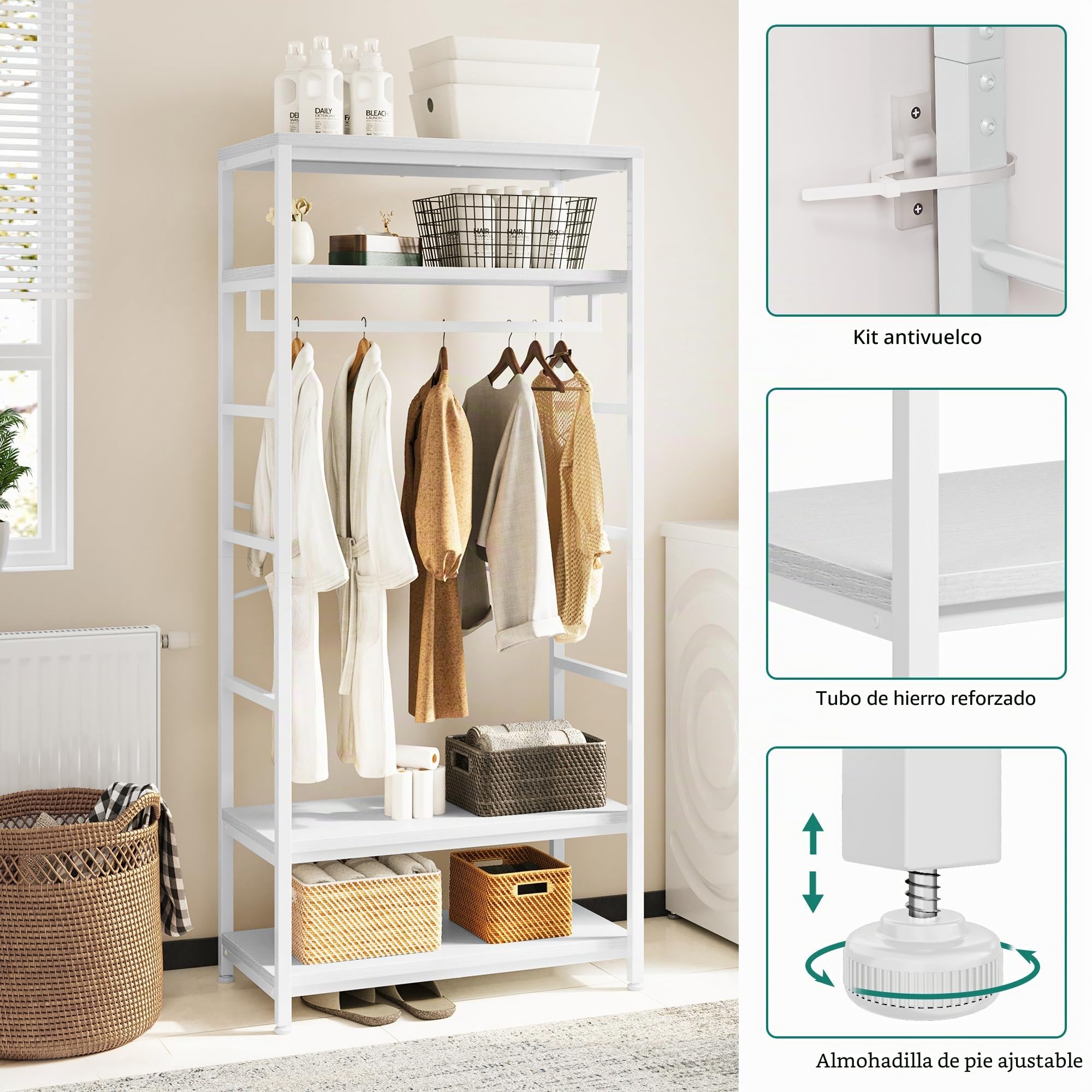 YITAHOME Perchero de Pie con Zapatero, Árbol de Pasillo con 4 Estantes, Barra Industrial para Ropa, Estantería para Guardar Ropa para entrada pasillo sala de estar, Blanco