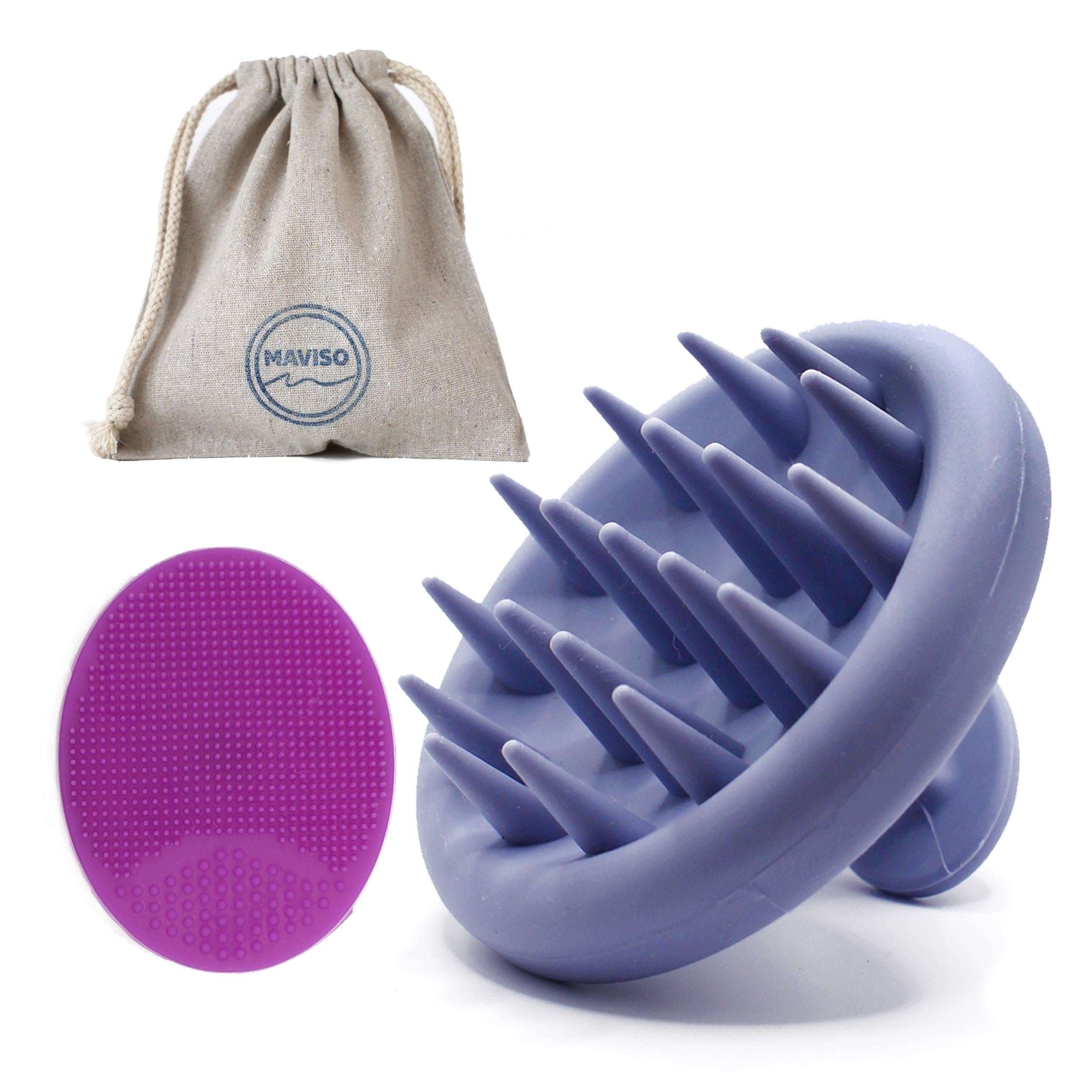 MAVISO-Masajeador Cuero Cabelludo + Cepillo Limpiador Facial + Bolsa de Almacenamiento.Cepillo Masajeador Cuero Cabelludo Material 100% Silicona (Masajeador cuero cabelludo Lavanda)