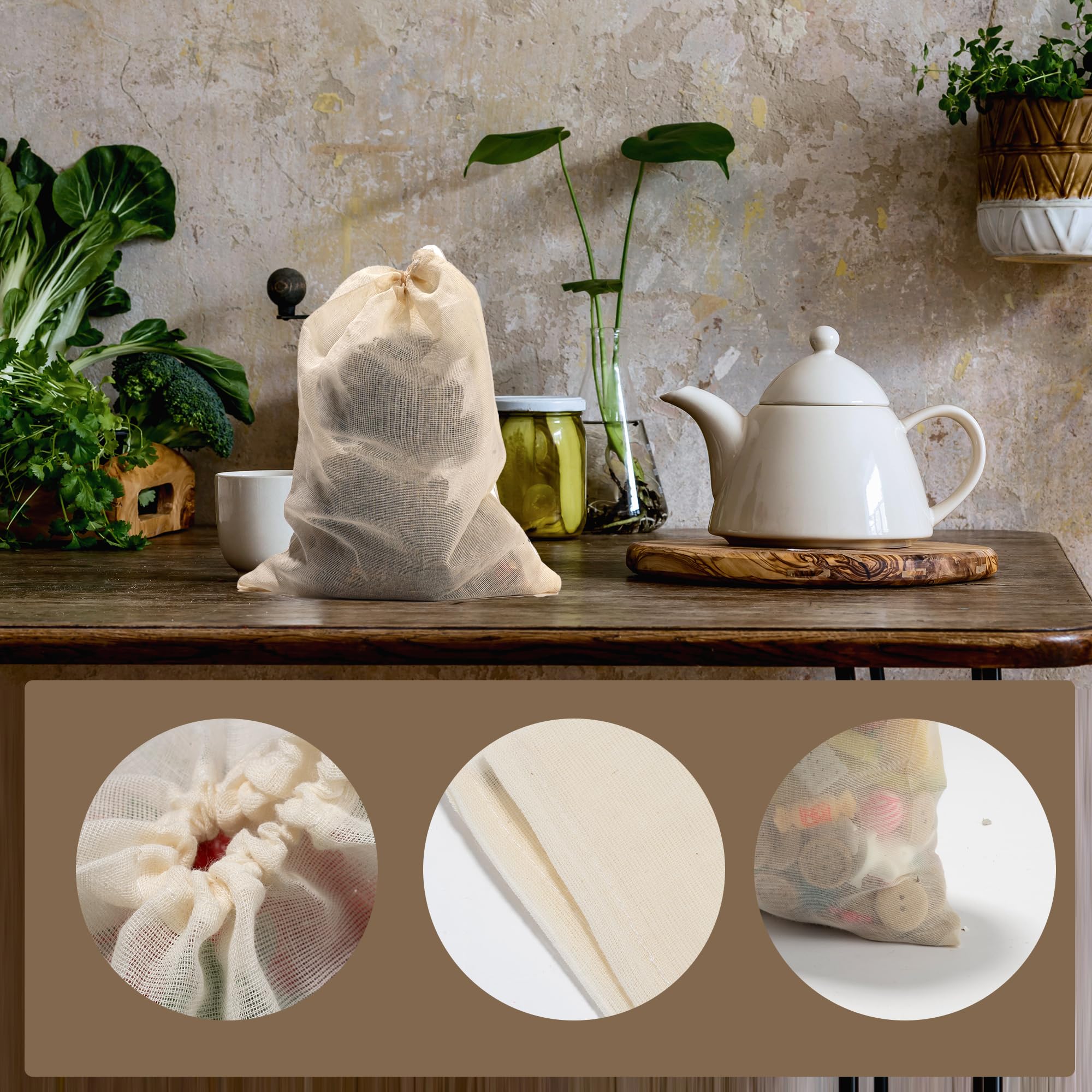 RAYNAG Paquete de 12 bolsas de sopa reutilizables, bolsas de especias de cocina, bolsas de malla de algodón, bolsas de cocina a fuego lento, bolsas de gasa con cordón para especias, hierbas, café, té,
