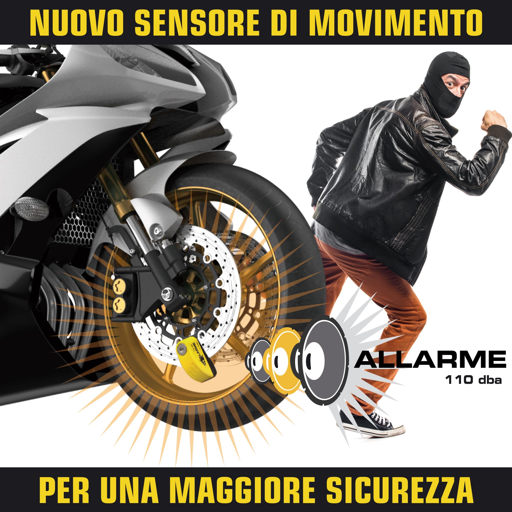 FR SECURITE FR7Y Bloccadisco Moto Antifurto con Allarme Sonoro 110dB, Lucchetto Moto Chiavi Alta Sicurezza, Blocca Disco Universale Bici Motorino Moped Motocross, Accessori Borsa, 1.5m Reminder