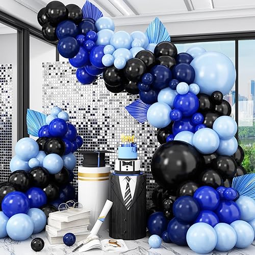Miniatura 8 de Kit de arco de globos azules y blancos, guirnalda de globos de color azul claro y plateado con globos de aluminio plateado 4D, globos de látex azul