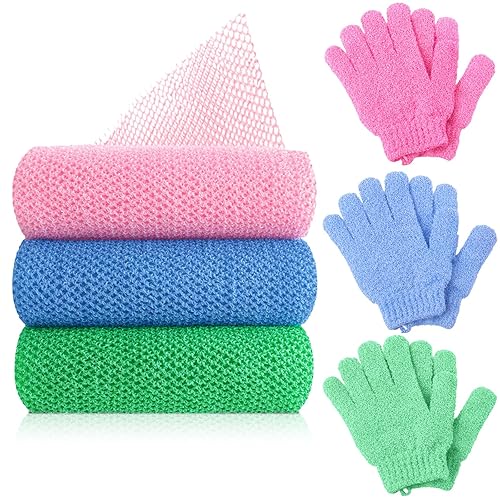 6 Pack African Net Sponge Exfoliating Glove Set, Including 3 Pcs Bath Sponge African Scrub Net Body Scrubber Back Scrubber and 3 Pairs Exfoliating Gloves as Stocking Stuffers for Adults