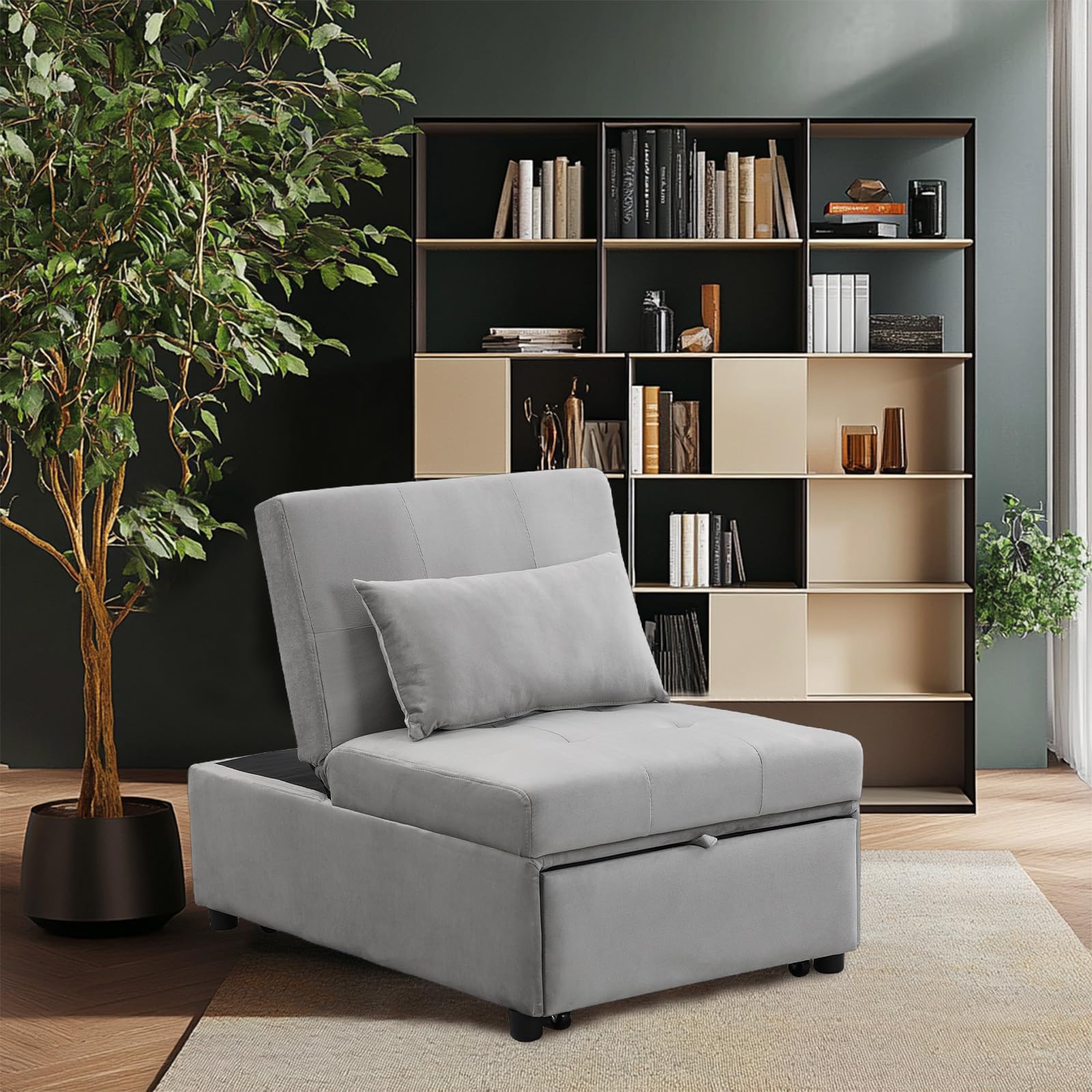 Folding Ottoman Sleeper Sofa Bed, Convertible Chair Bed 4 in 1 Multi-Function, Modern Linen Fabric with Adjustable Backrest for Living Room/Small Apartment