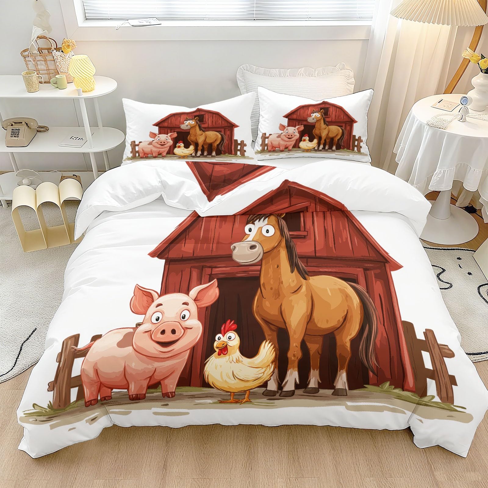 Zestaw dwustronnej pościeli z motywem kreskówki Barn, 140 x 200 cm, szczotkowana mikrofibra, narożne wiązania i zamek błyskawiczny, odporny na rdzę, zwierzęta świnia, koń kurczak