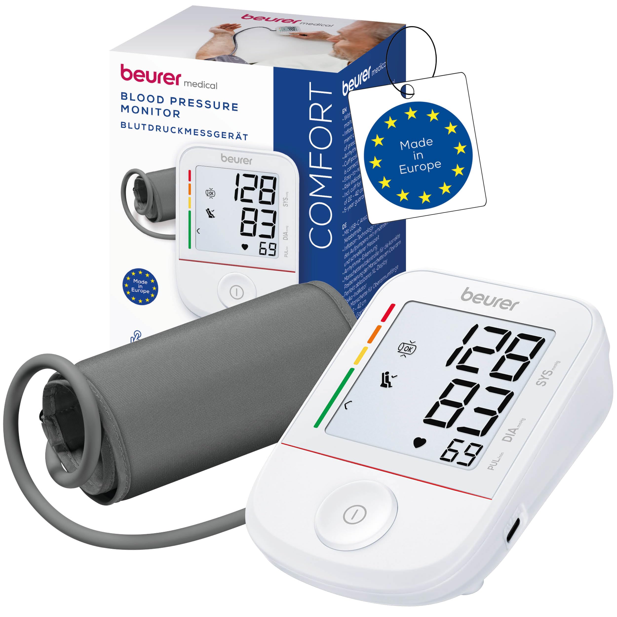 Beurer BM 38 misuratore di pressione da braccio, facile utilizzo pulsante, misurazione precisa con indicatore di riposo, rilevazione aritmia, polsino 22-42 cm, trasferimento dati su Apple Health