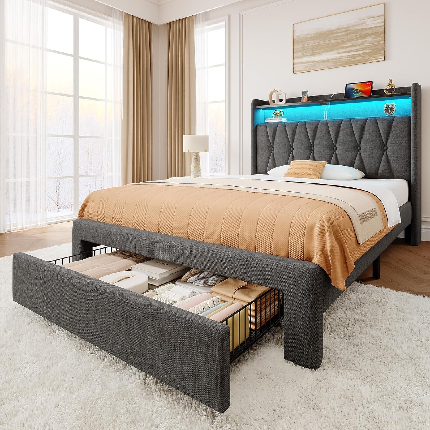 Rolanstar Twin Bed Frame with Drawer, Storage Headboard with Charging Station and LED Lights, Upholstered Bed with Heavy Duty Wood Slats, No Box Spring Needed, Noise Free, Easy Assembly, Dark Grey - Image 8