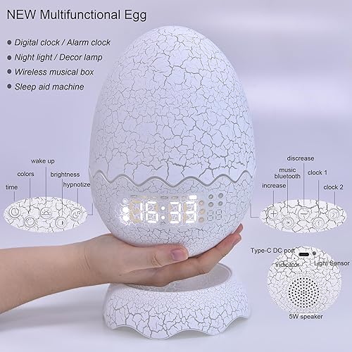 Miniatura 2 de Unique Dragon Egg Alarm ClockNight LightLullaby White NoiseBluetooth Speaker 4-in-1, Remote Control 16 Colors & Brightness & Volume, for KidsAdult