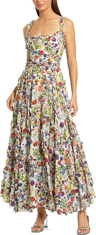 Vestido con cuello cuadrado y volantes de algodón con estampado floral