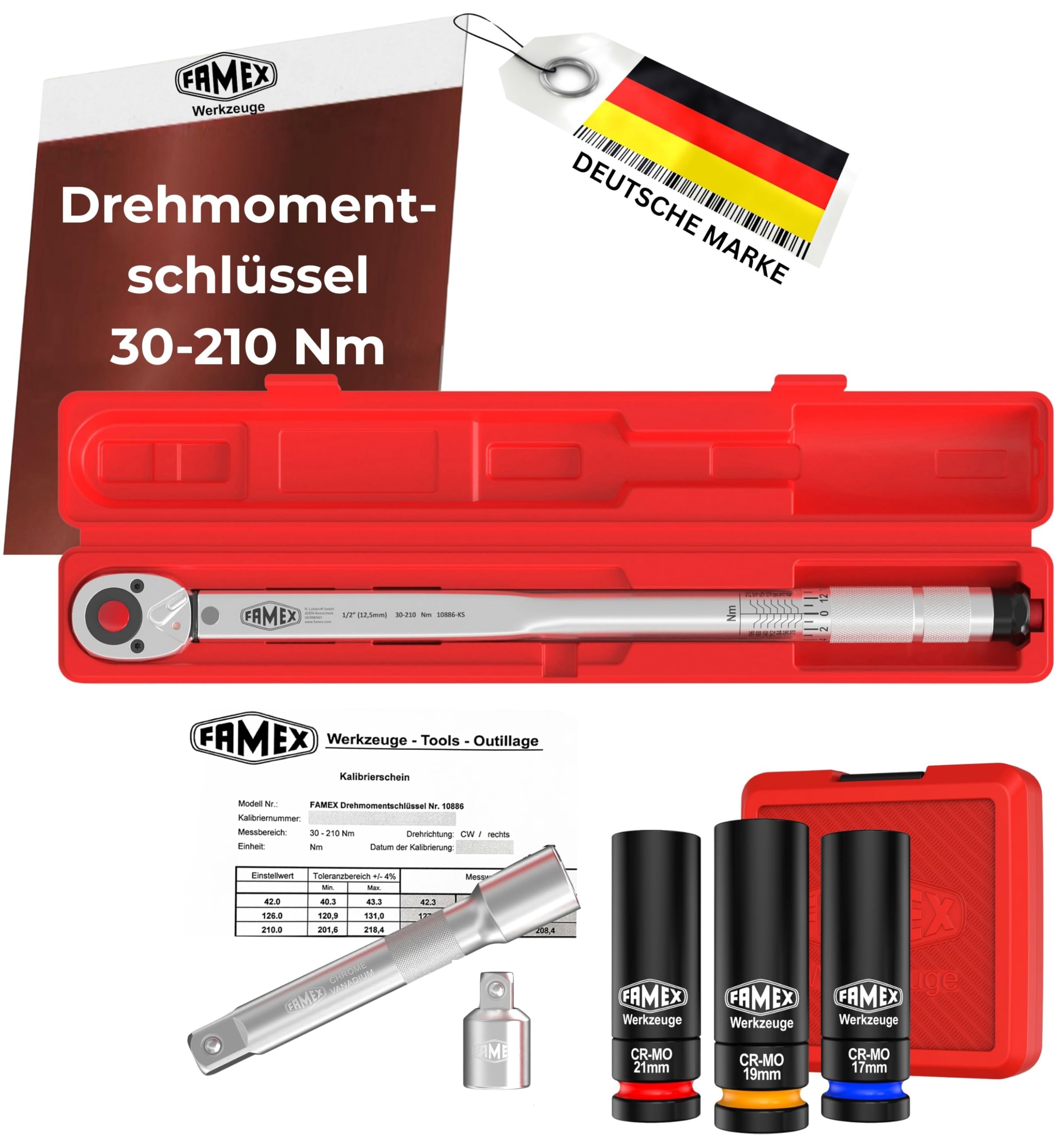 FAMEX 10886-3N-KS Llave dinamométrica 1/2" (12,5 mm) | 30-210 Nm con certificado de calibración - Juego de ahorro con inserciones suaves para tornillos de rueda | para coches y furgonetas