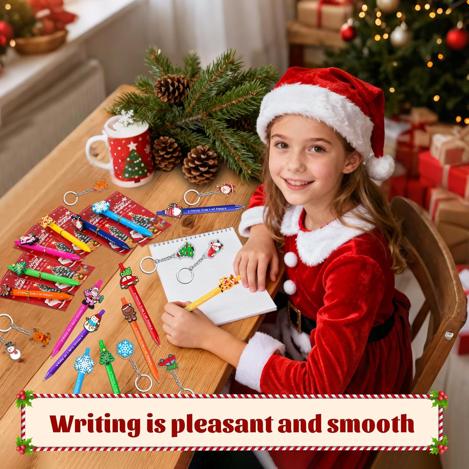 24 Set Christmas Ballpoint Pens Bulk, Christmas Holiday Pens Gifts with Xmas Keychains Greeting Card for Xmas Stocking Stuffers Party Favor Office Classroom Students Supplies