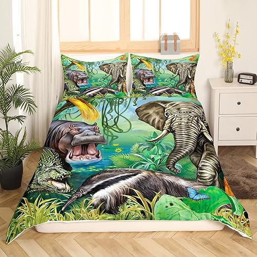 Miniatura 4 de Juego de funda de edredón de animales de la selva, tamaño matrimonial, diseño de cocodrilo, hipopótamo, elefante, tigre, safari, africano, animal,