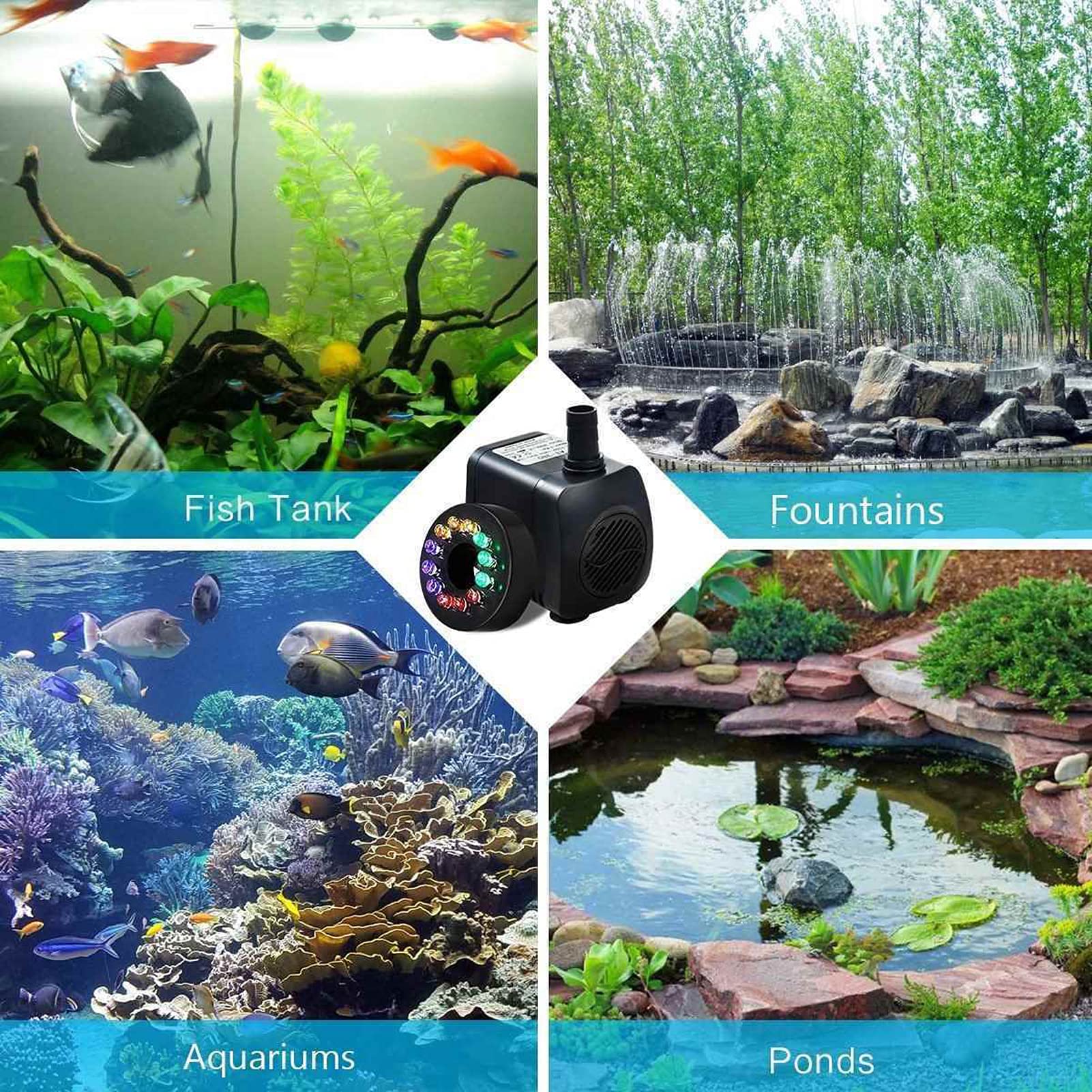 Pompa per laghetto Pompa ad acqua per fontana elettrica con pompa sommergibile per piscina da giardino con luce a 12 LED 15W(EU PLUG)