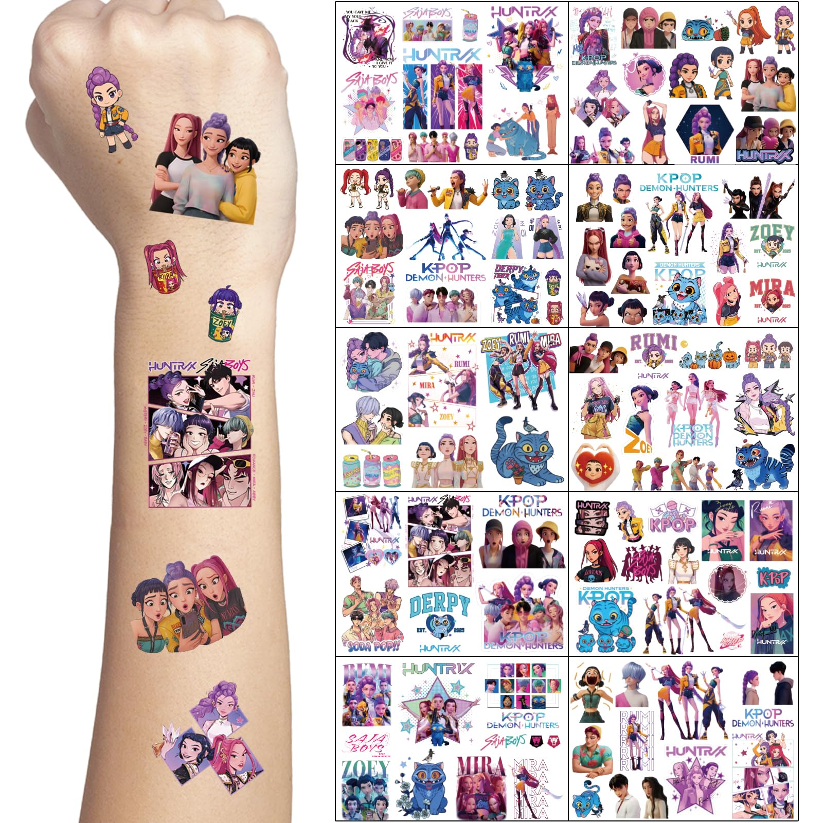Huntrix Kpop Demon Hunters Temporäre Tattoos – 10 Große Blätter K Pop Demon Hunter Fake Tattoo Sticker Set | Hautfreundliche Kinder Mitgebsel & Geburtstagsdeko