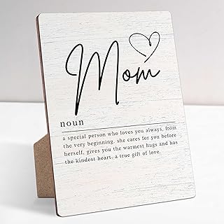 Mom Definition Farmhouse Wood Sign with Stand for Women's and Men's Desk - Inspirational and Positive Office Decor with Rustic Charm and Encouragement for Home or Office Shelf