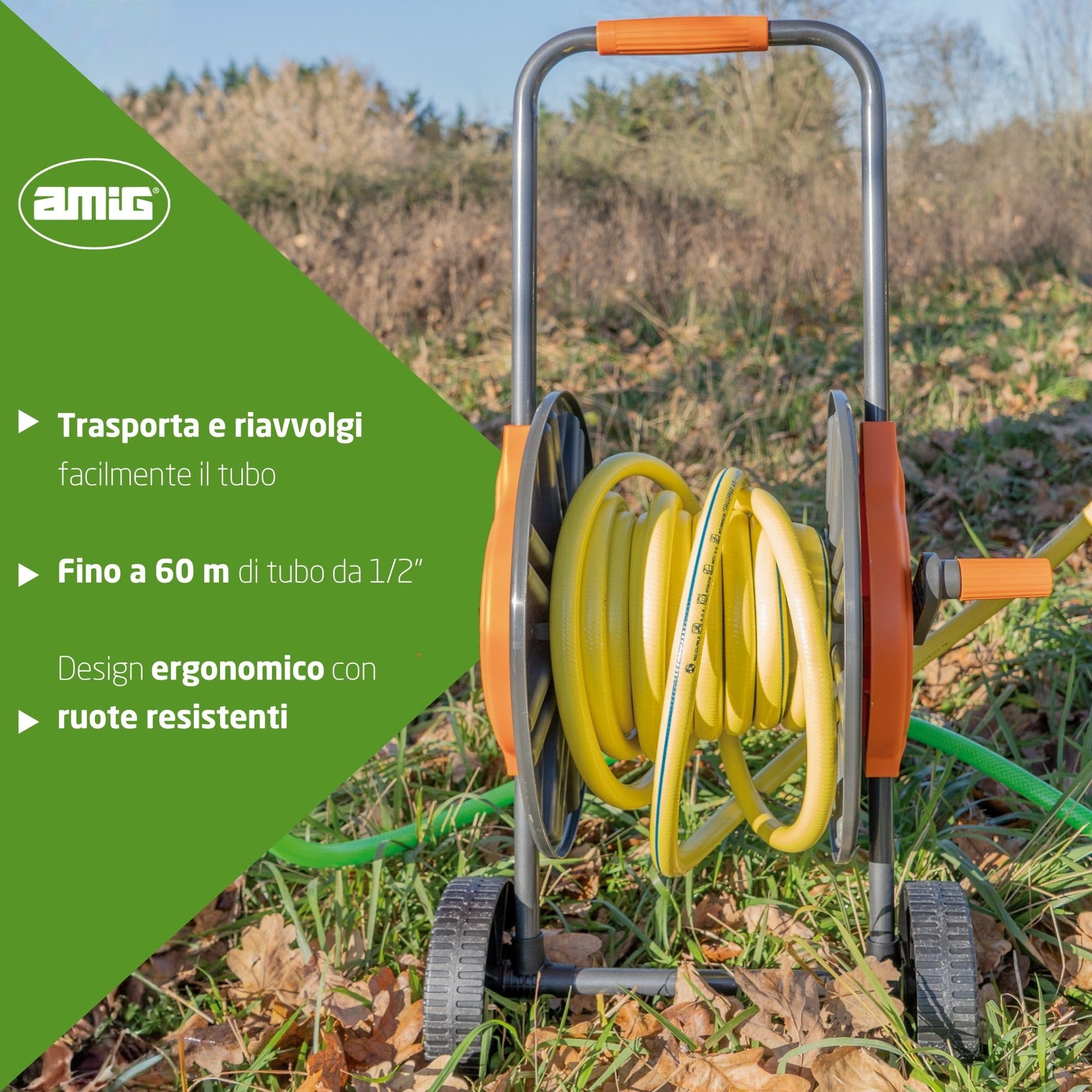 Amig - Carrello Portamanguero | Per Tubi da 1/2" | Arrotolato Massimo di 60 m | Con Manovella per Avvolgere Facilmente | Polipropilene | Arancione e Grigio