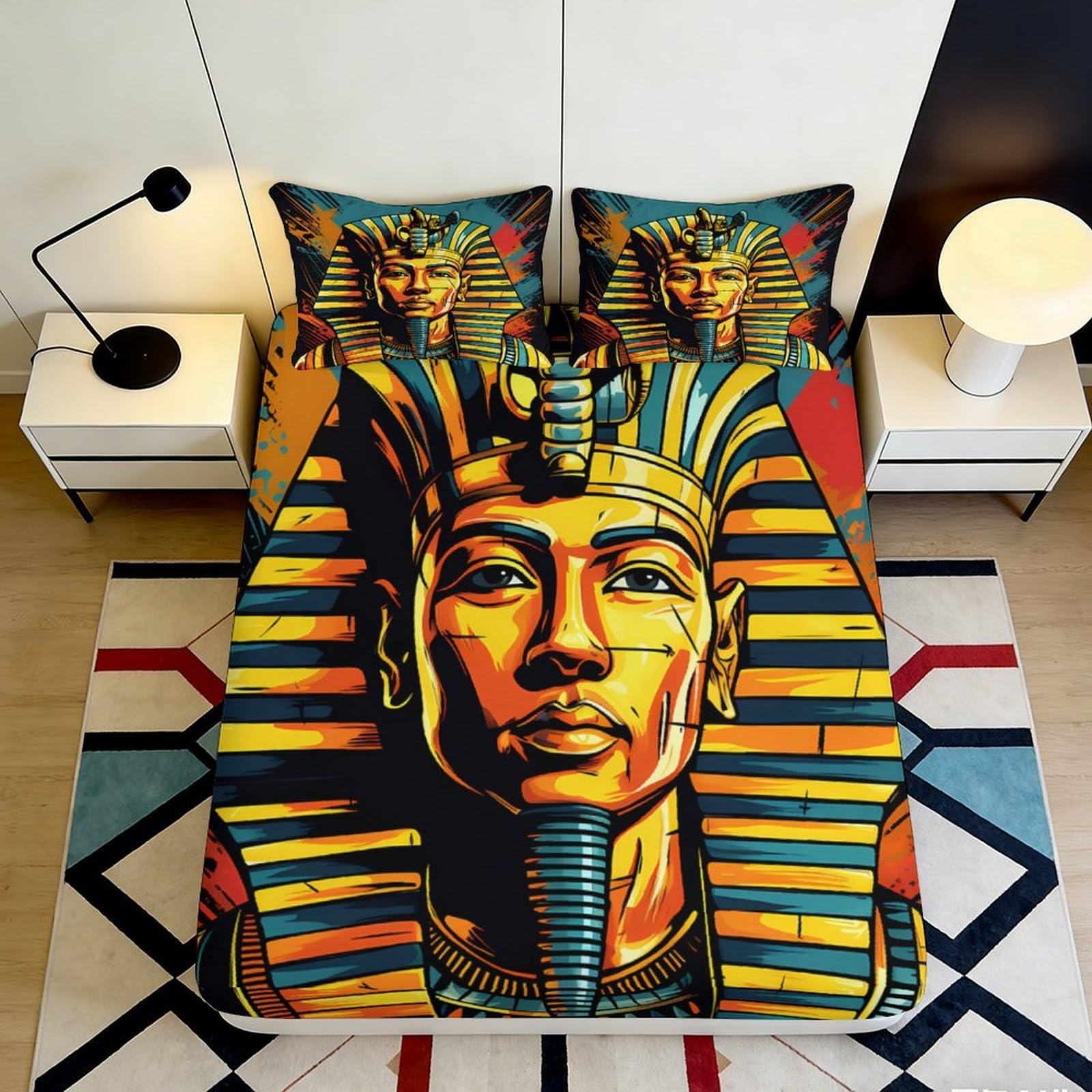 Dhbaneiok Style-6 3D Printed Egyptian Pharaoh Fitted Sheet Microfiber Vibrant Ancient Art Mattress Cover For Bedroom Dorm Decor 90X200x25cm