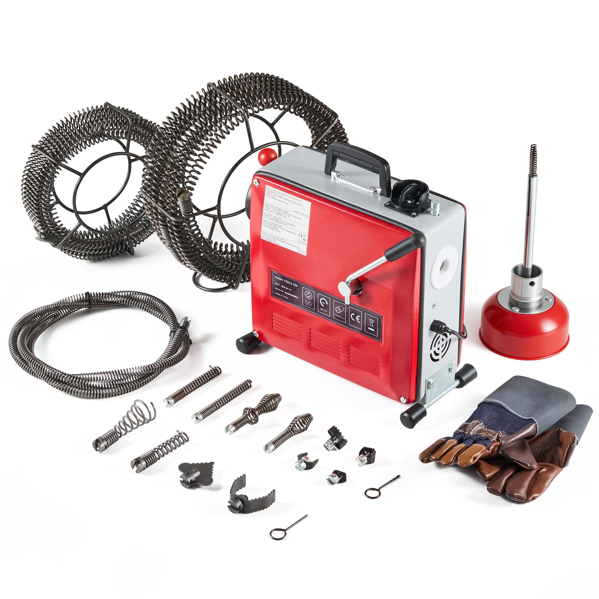 ZELCAN 850W Rohrreinigungsmaschine Rohrreinigungsspirale Elektrisch mit Ø10mm, Ø16mm,Ø22mm Spirale Rohrreinigungsgerät Kanalreinigungsgerät 450 U/min. für Ø20-200 mm Rohrleitungen für WC, Kanalisation