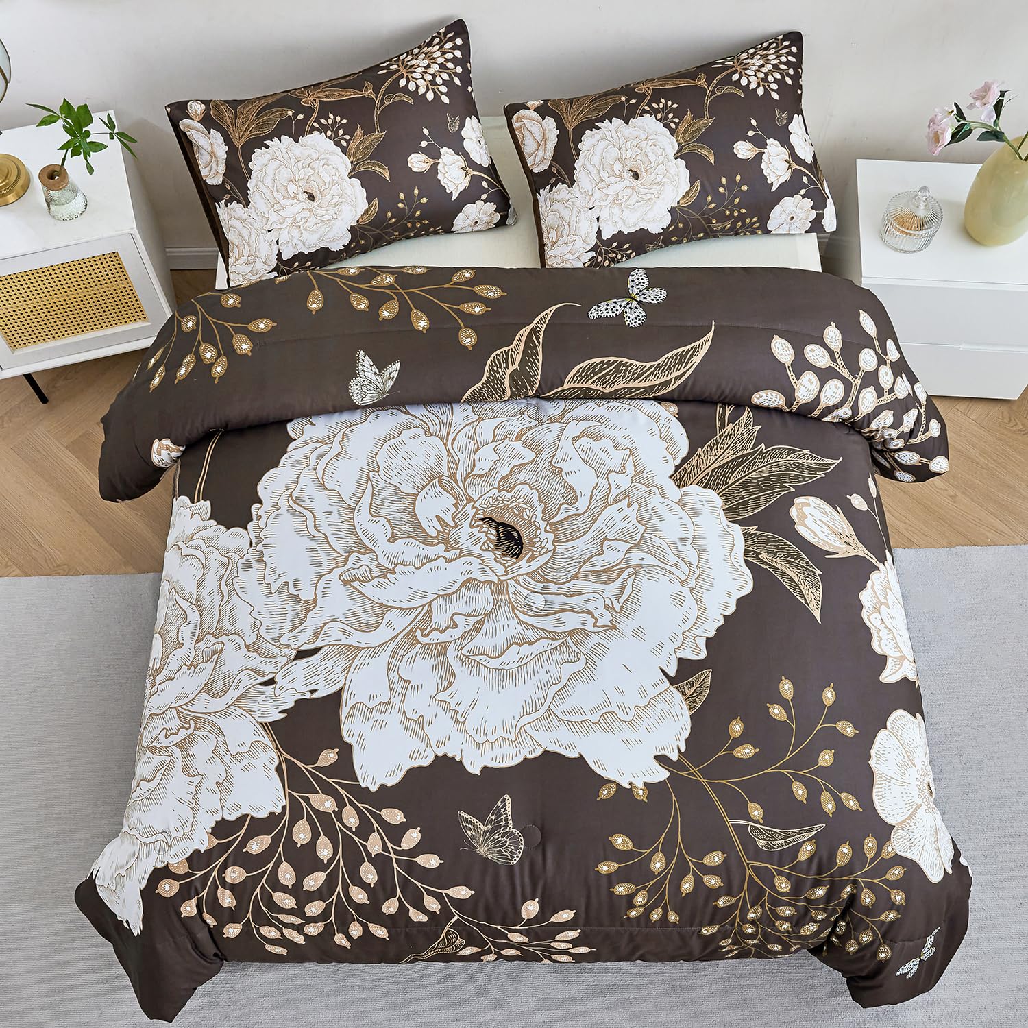 PERFEMET Brown Floral Comforter Set King Size, 3 Pieces Botanical