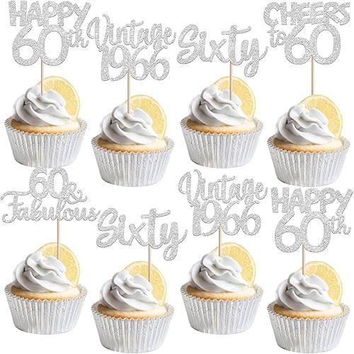 30 piezas de decoración para cupcakes de feliz 60 cumpleaños con purpurina sesenta vintage 1965 para cupcakes saludos a 60 fabulosas decoraciones de