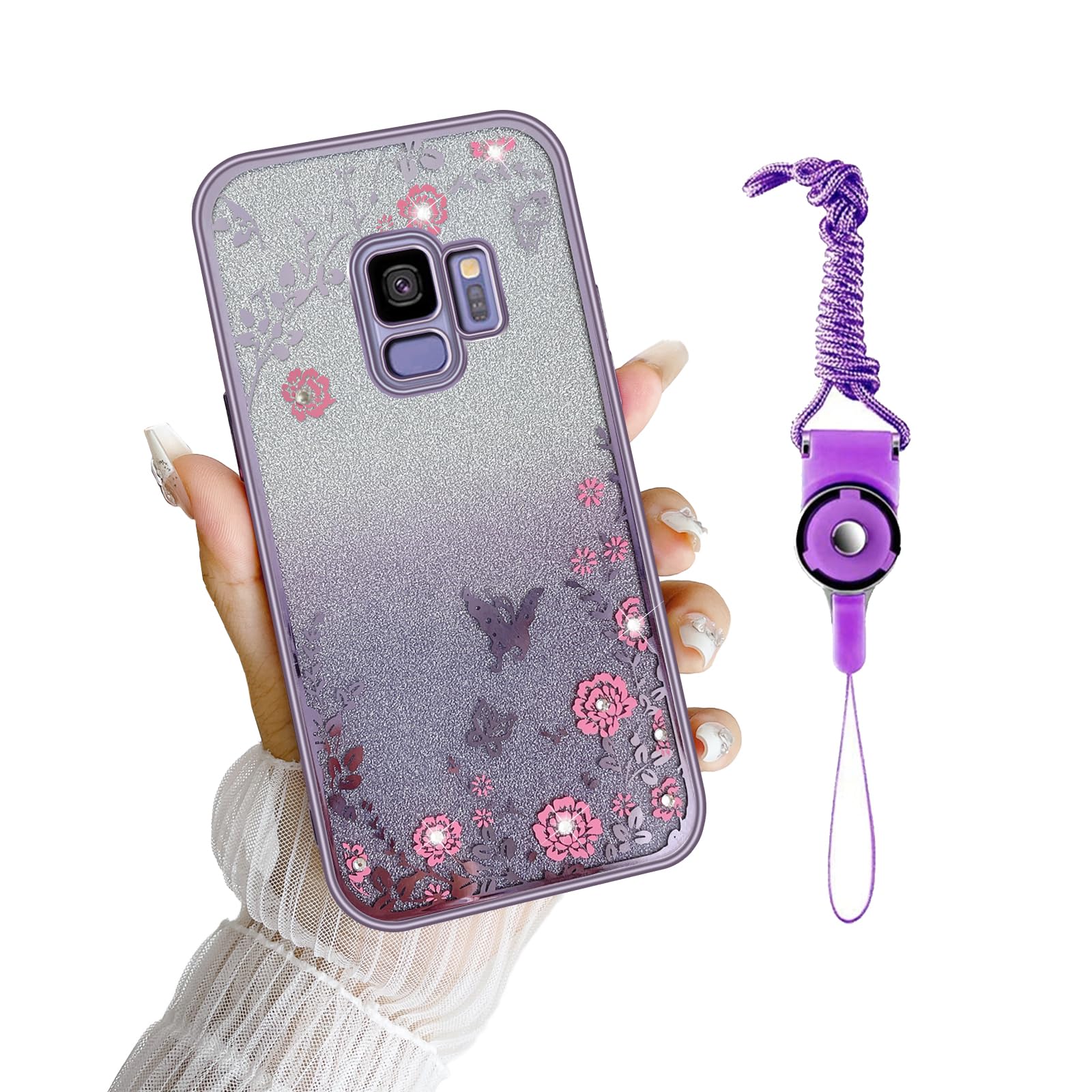 Galaxy S9 Case, Gradual Change Glitter Crystal Soft TPU Stylish Butterfly Floral Heart Clear Protective Cover with Strap (Purple)