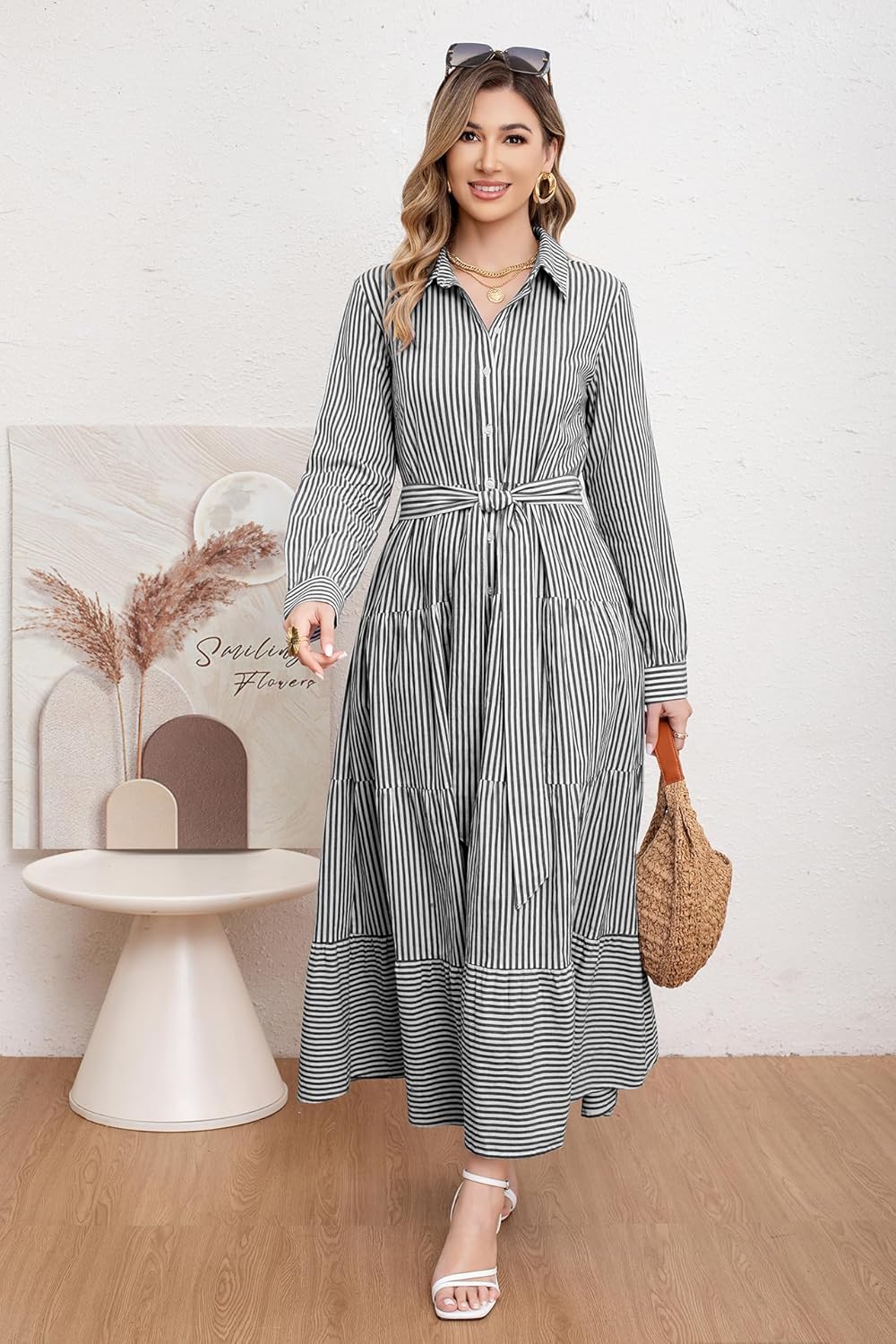 utcoco Womens Casual Long Sleeve Button Down Tie Waist Ruffled Striped Maxi Shirt Dress - Image 3