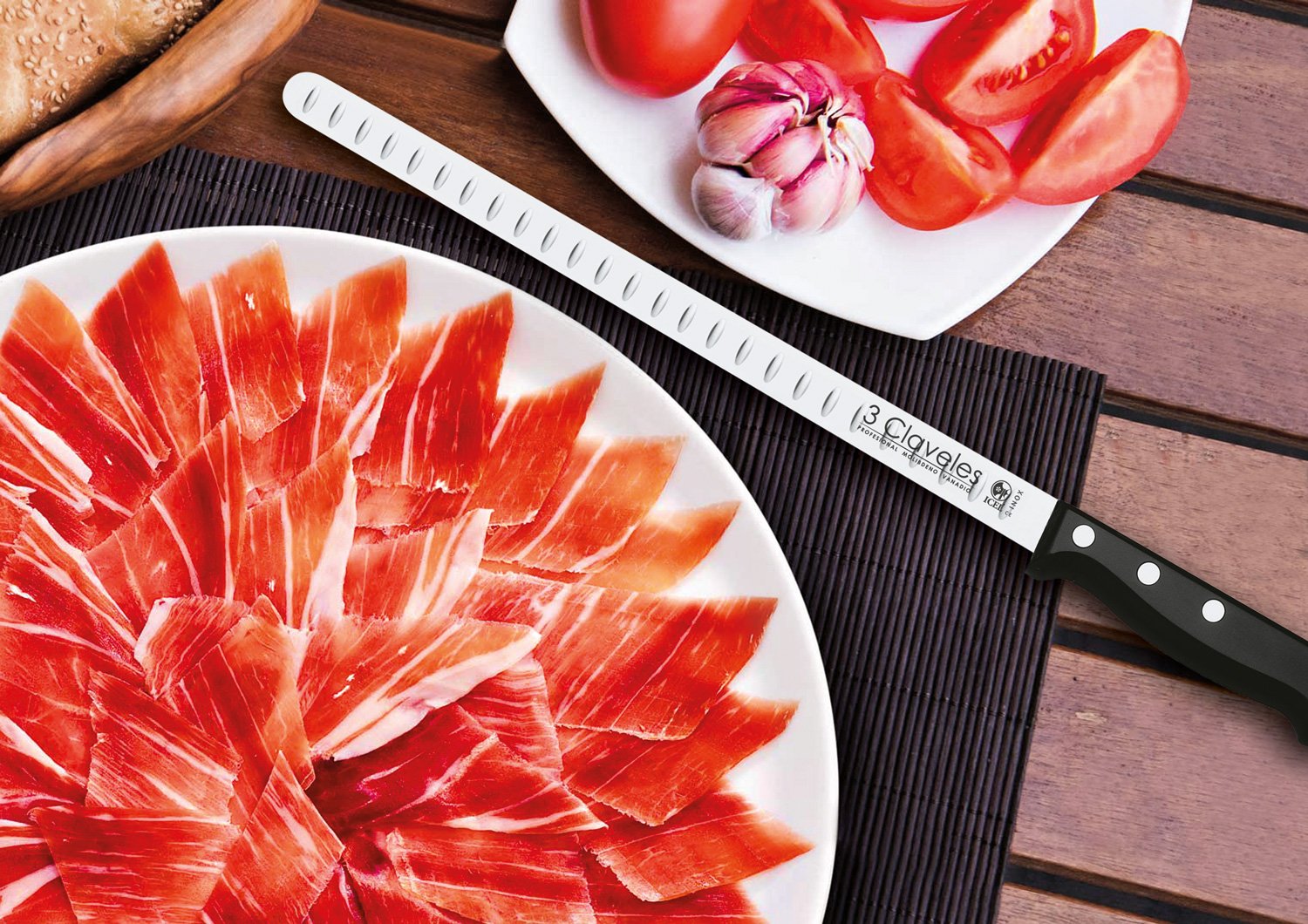 3 Claveles 28009 Set de 3 Cuchillos de Jamón, Chaira, Estuche, Acero Inoxidable, Multicolor, Estuche Cocinero Jamón