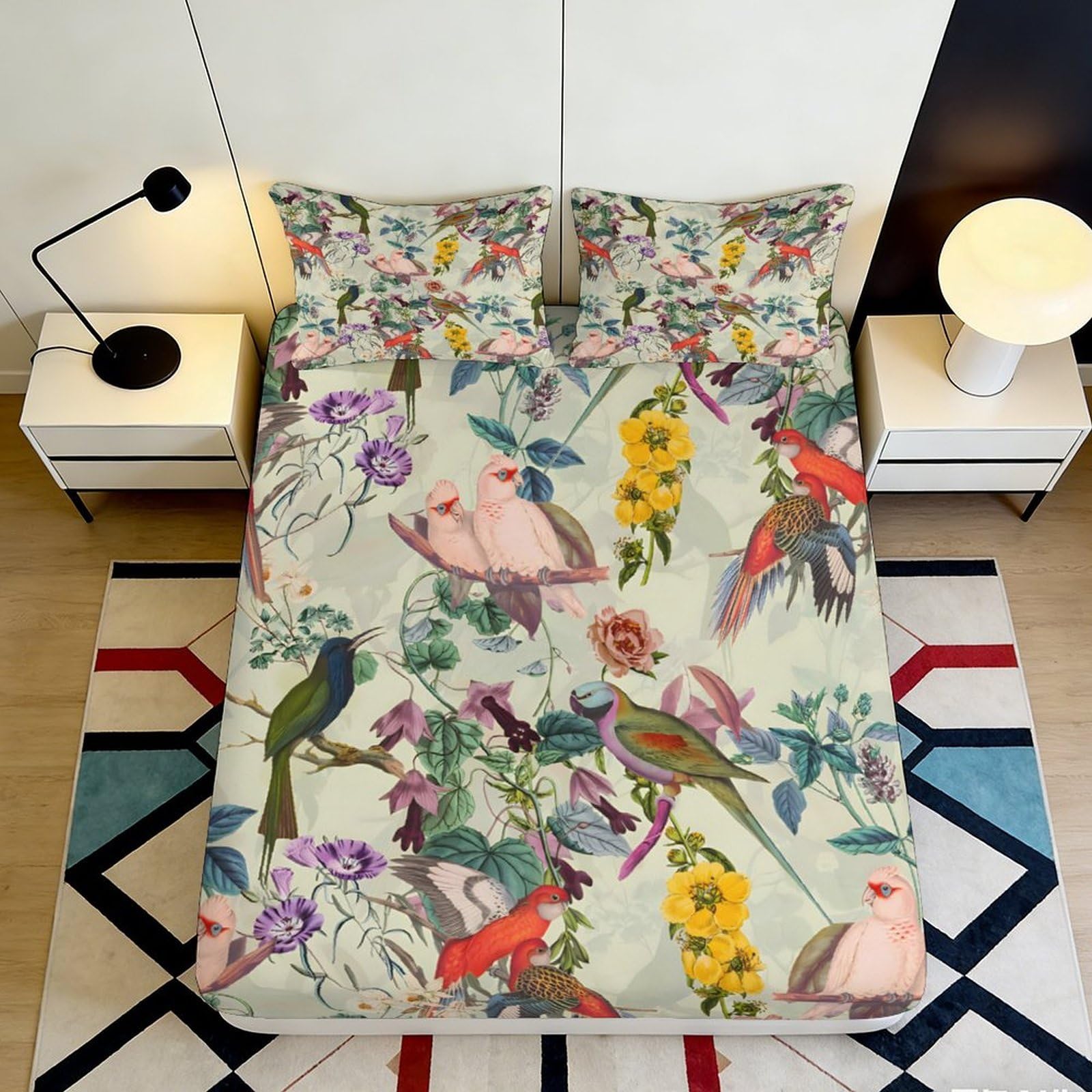 Uynsixtme Style-8 3D Printed Floral Bird Fitted Sheet Microfiber Deep Pocket Non-Slip Bedding Floral Bird Mattress Fitted Cover For Bedroom 90X200x25cm