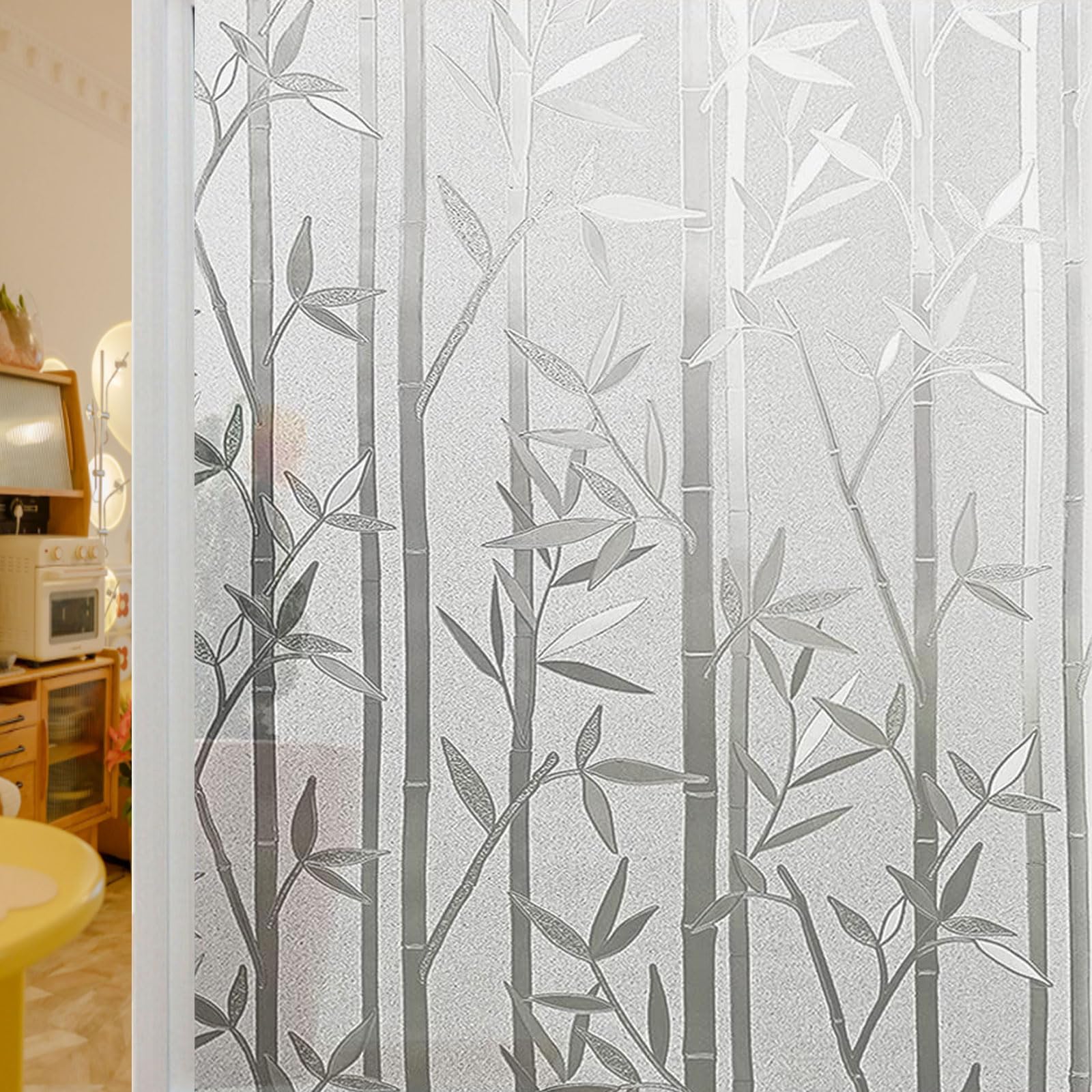 Pellicola Privacy Finestre 110 x 210 cm Statica e Senza Colla, Protezione Termica Pellicola Adesivi Finestre per Ufficio Bagno da Letto, Bamboo