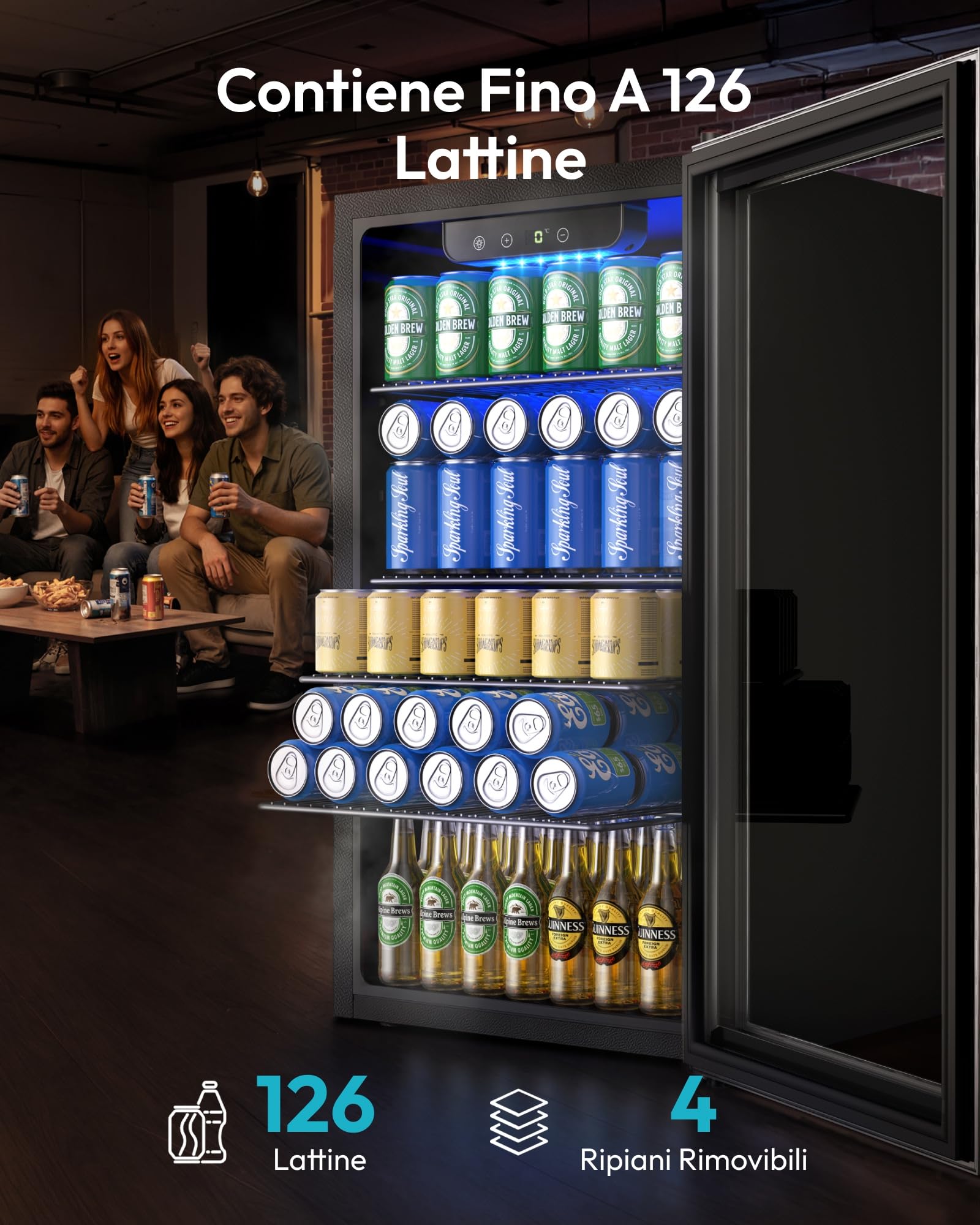 EUHOMY Frigorifero per bevande, mini frigo per 126 lattine con porta in vetro, piccolo frigorifero con ripiani regolabili per limonata, birra o vino, perfetto per casa/bar, ufficio, argento, acciaio