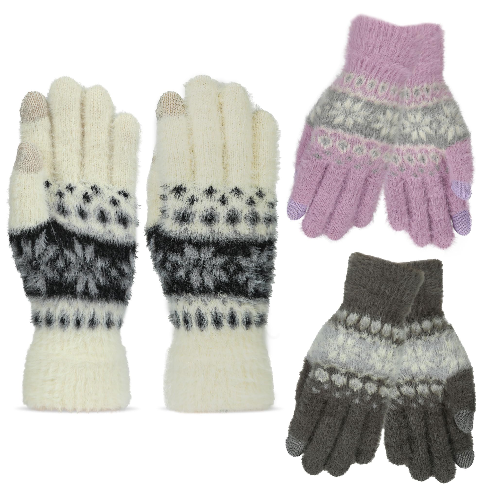 A2z Women's Pack Of 3 Gloves 3 Pack Jacquard Fairisle Knitted Warm Winter Fluffy Glove Full Fingers Fuzzy Stretchy Knitted Snow Mittens Walking Riding Driving Warm One Size Fits All