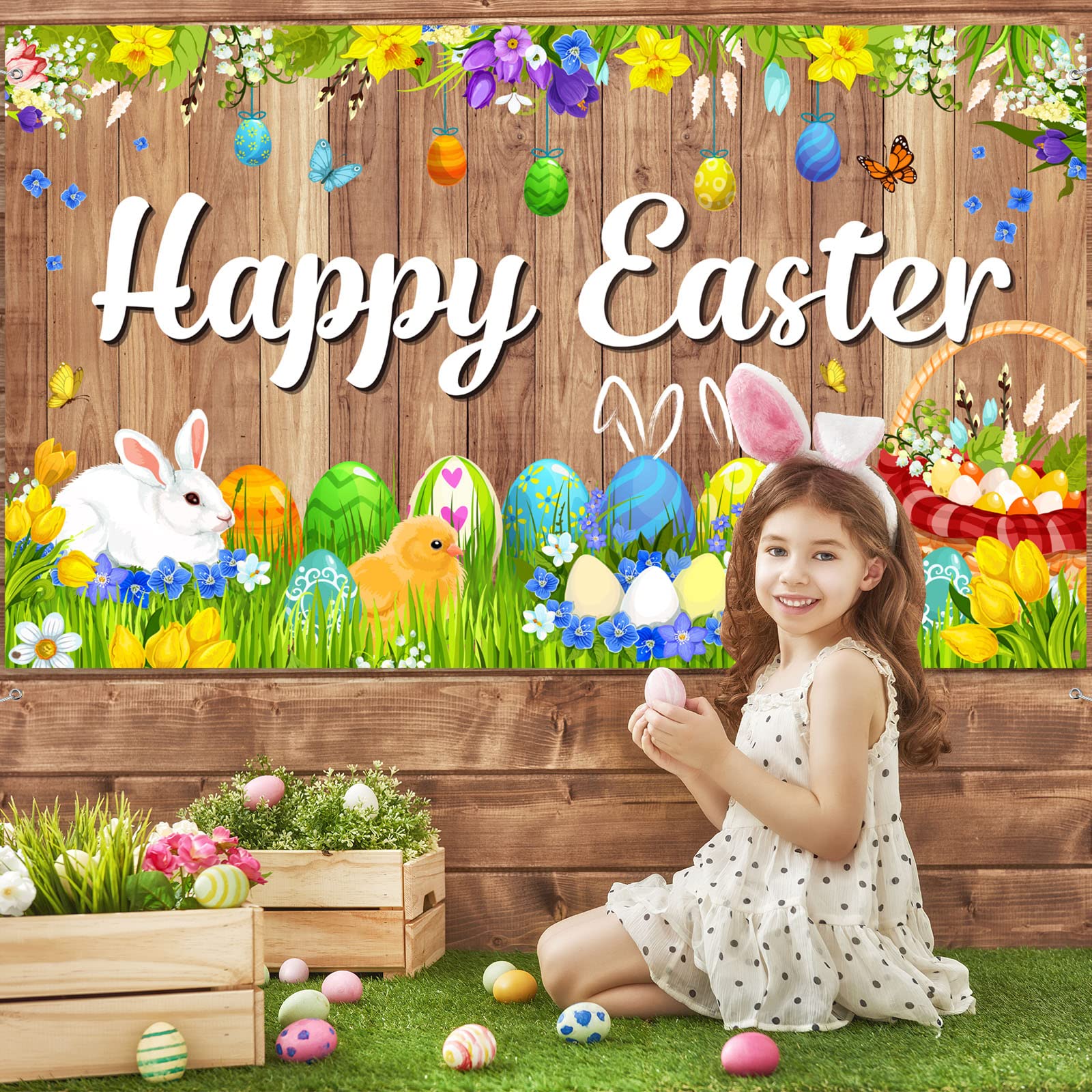 Bannière Happy Easter - Décorations de Pâques - 147 x 89 cm - Toile de fond pour photographie - Décorations de fête d'intérieur et d'extérieur Bannière Happy Easter - Décorations de Pâques - 147 x 89 cm - Toile de fond pour photographie - Décorations de fête d'intérieur et d'extérieur