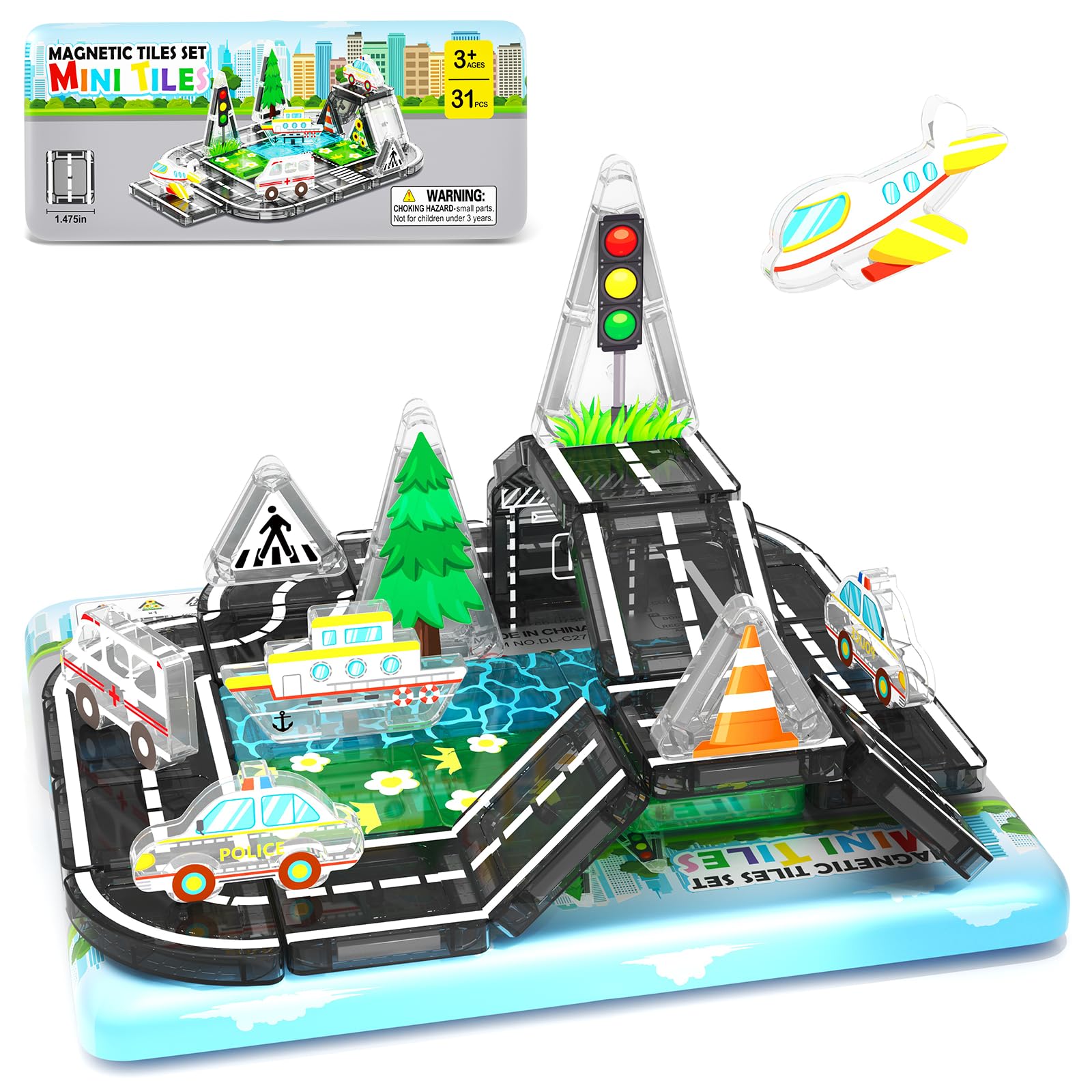 Road Mini Magnetic Tiles with Case Travel Toys for 3+ Year Old Boys Girls