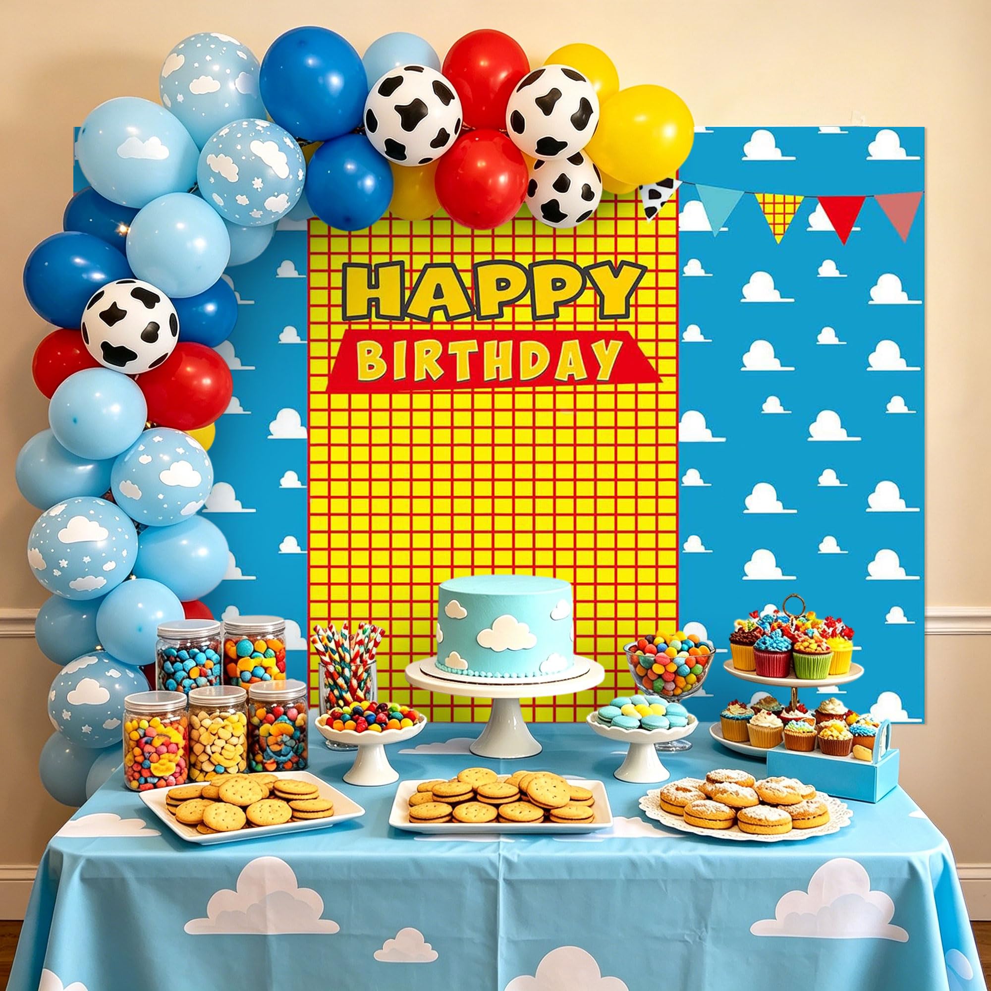 LaVenty Toy Birthday Party Banner Garland Backdrop Balloons Favors for Cowboy Decoration Birthday