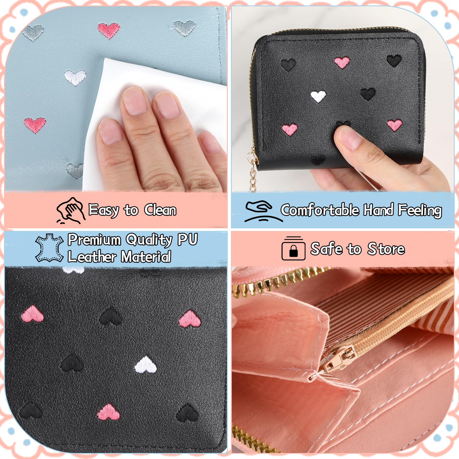 Lot de 3 porte-monnaie pour fille - En cuir synthétique - Avec pompon et fermeture éclair - Pour adolescentes et femmes (bleu, rose, noir)