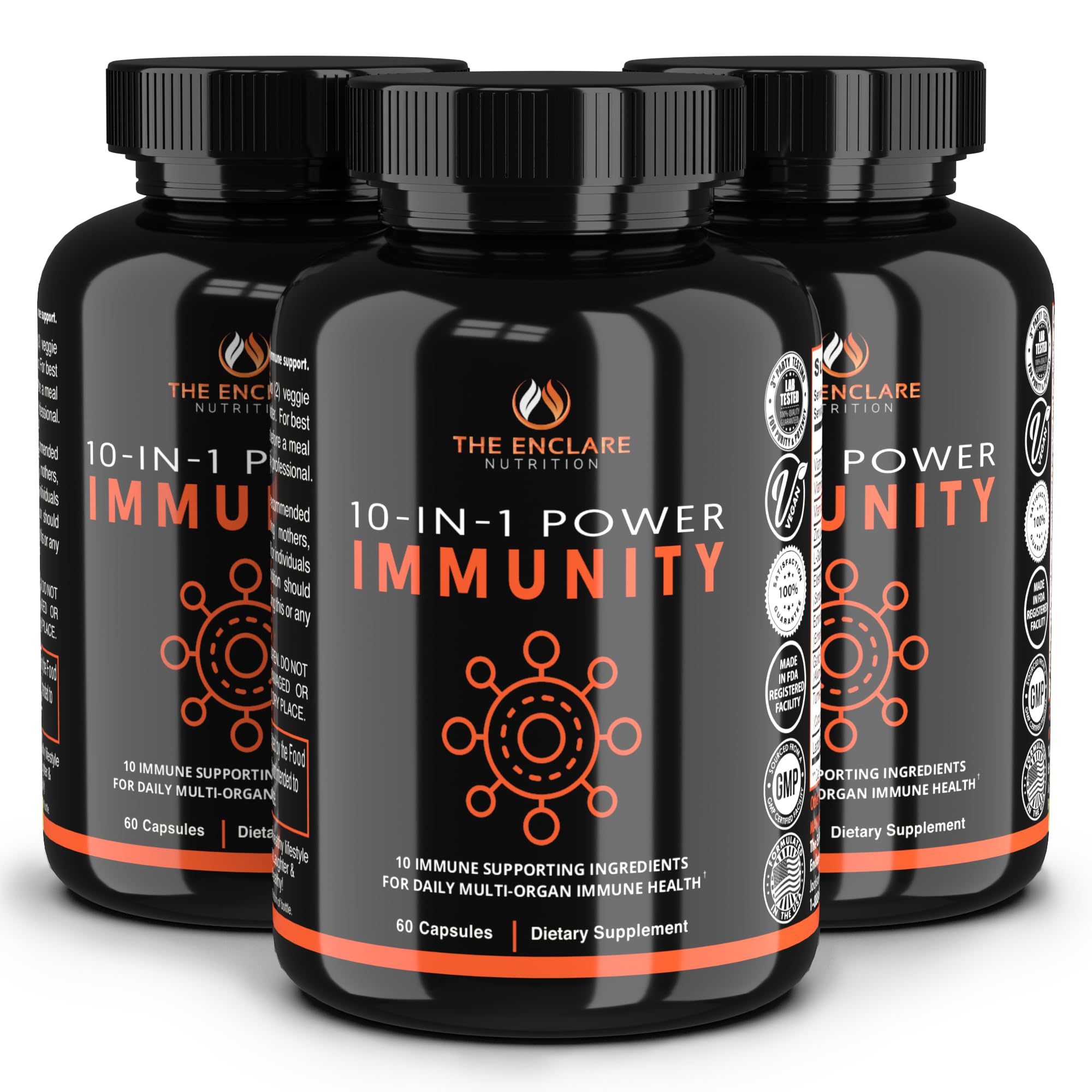 THE ENCLARE NUTRITION Immune Support Vitamins with Vitamin C, Elderberry, Zinc, Echinacea, Turmeric Curcumin, Garlic. 10in1 Immunity Defense Supplement Booster for Adults. Veg Capsules 60ct (3)