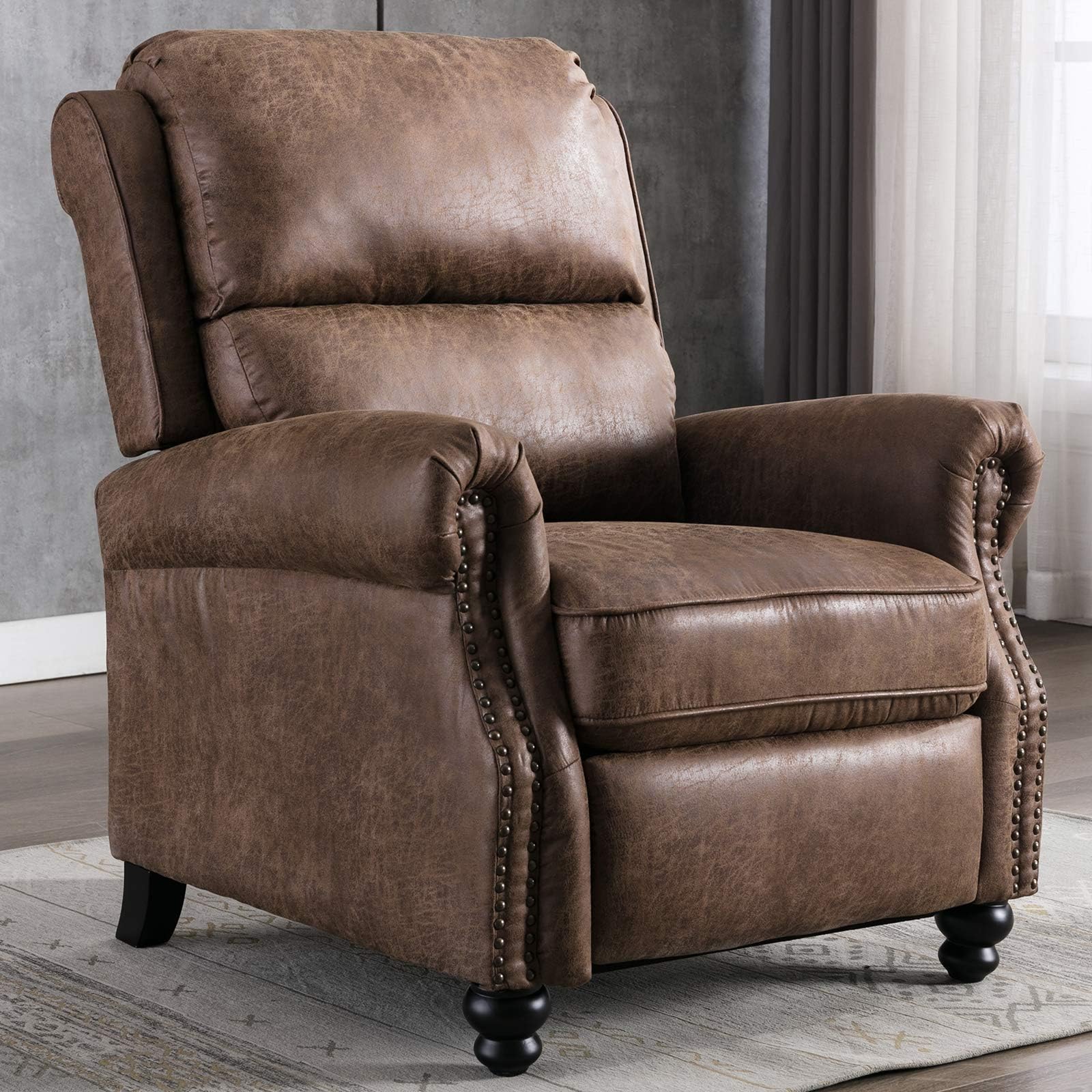 - CANMOV Pushback Recliner Chair Faux Leather Armchair Push Back Recliner with Rivet Decoration Single Sofa Accent Chair for Living Room, Chocolate