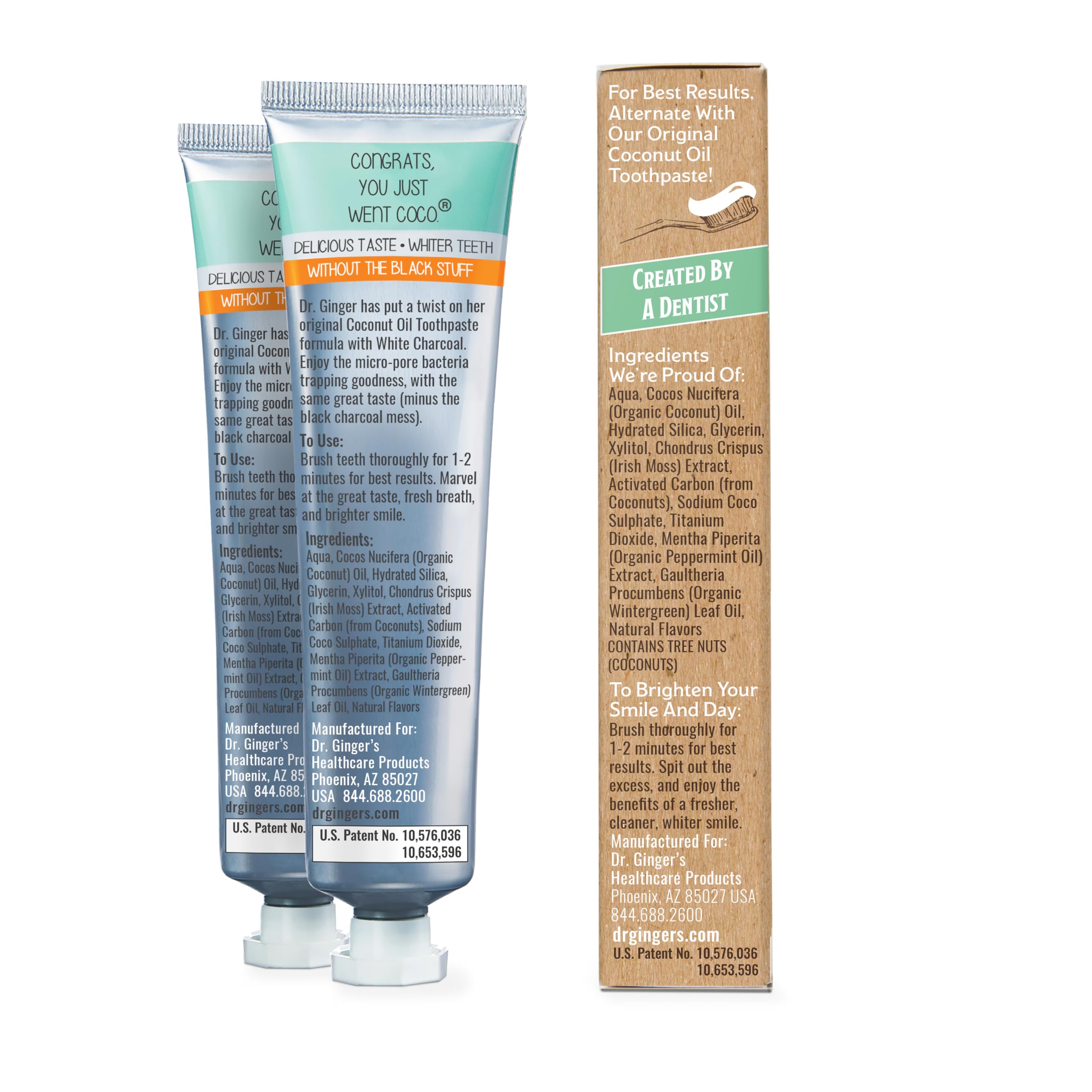 Superlifeworld - Dr. Ging's Dentifricio all'olio di cocco con carbone attivo bianco, potere sbiancante naturale, Enam