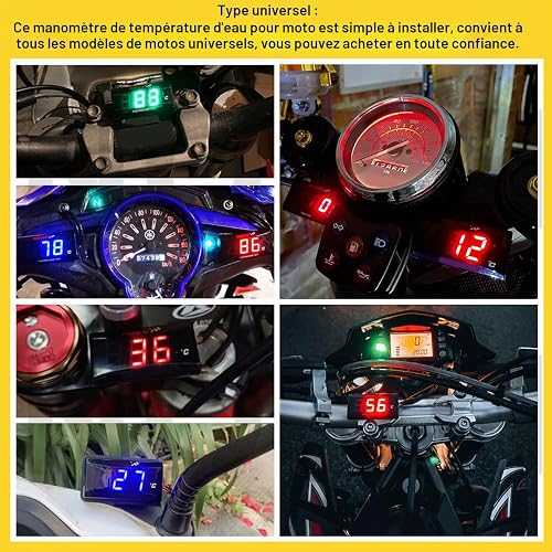 Motorcycle Water Temperature Gauge, Digital Water Thermometer Fahrenheit Temperature Gauge, LED DC 12V Water Temp Gauge with Temp Sensor Adapter (Red) - 2