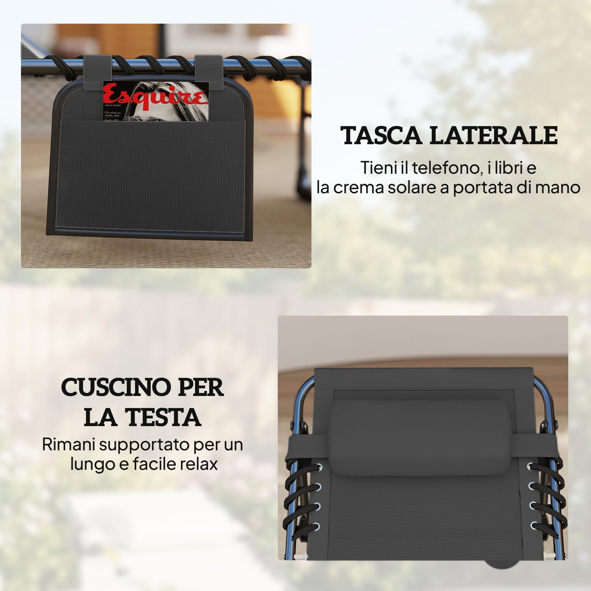 Outsunny Lettini Prendisole da Giardino Pieghevoli 57x200x38cm Nero | Set di 2, Reclinabili 5 Livelli con Poggiatesta, Sdraio da Giardino in Texteline, Tasca Laterale, Maniglia