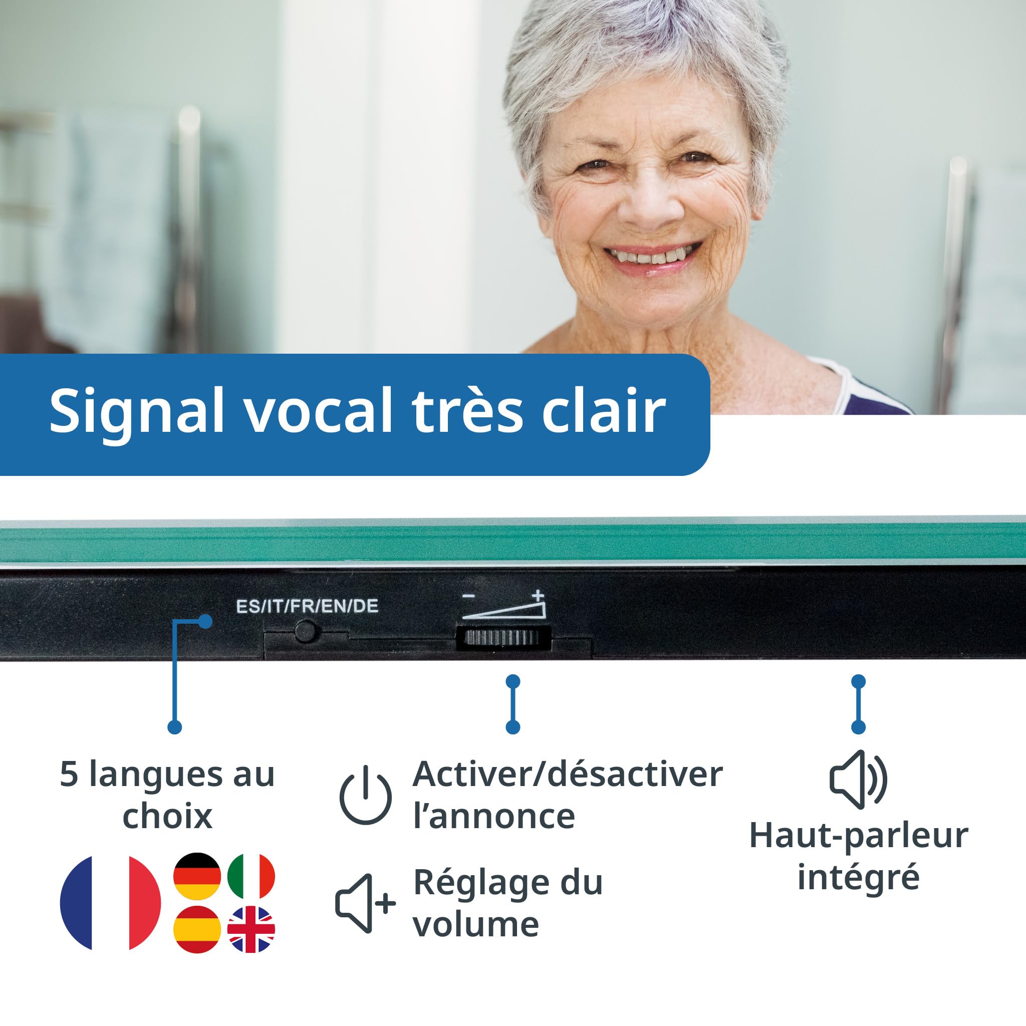 ADE Pèse-personne parlant Gina | Fonction vocale et annonce du poids jusqu'à 250 kg | 5 langues | Pèse-personne numérique en verre de sécurité