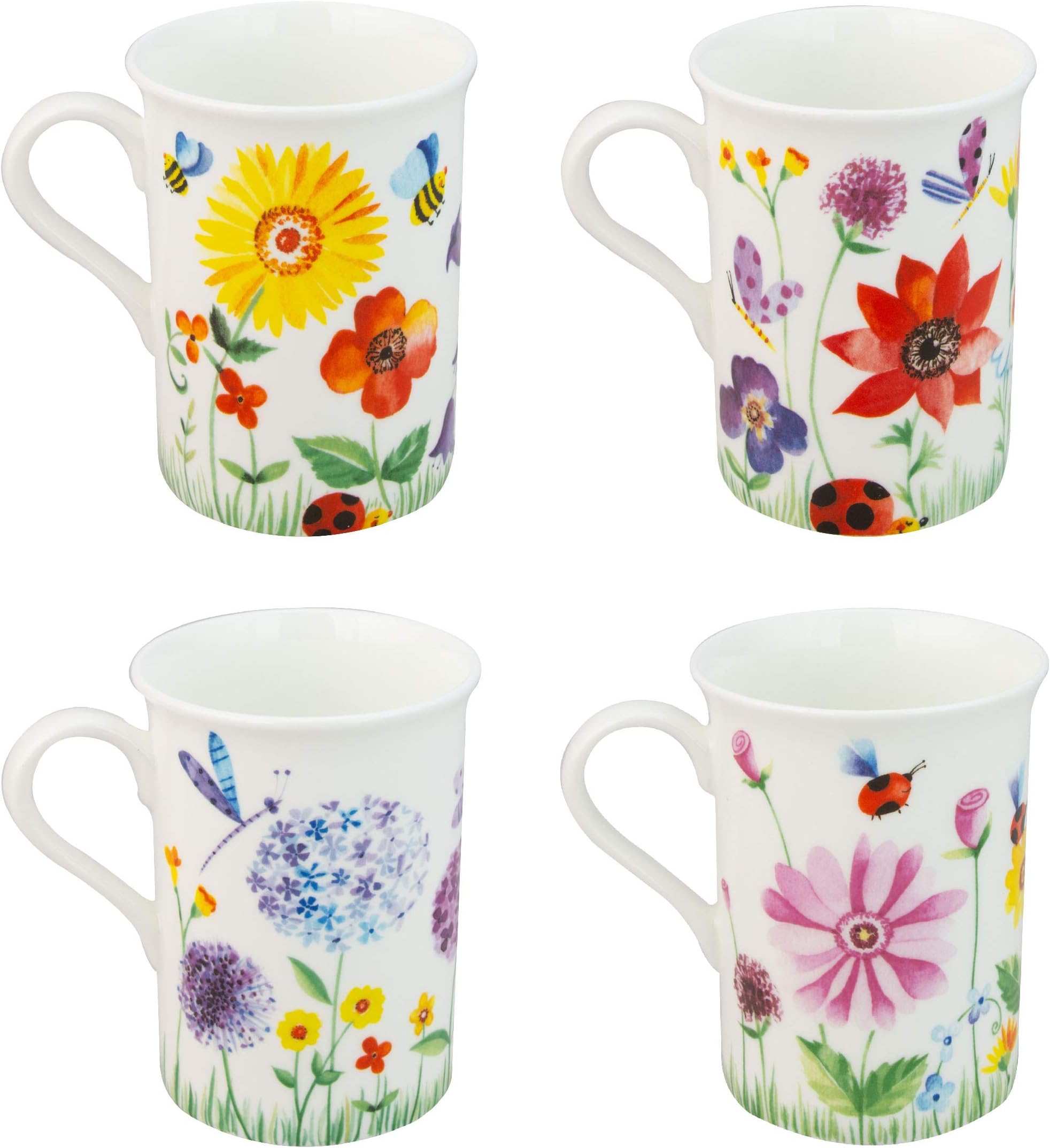 Bone China Coffee Tea Mugs 9-Ounce, Assorted Set of 4 (Garden Friends)