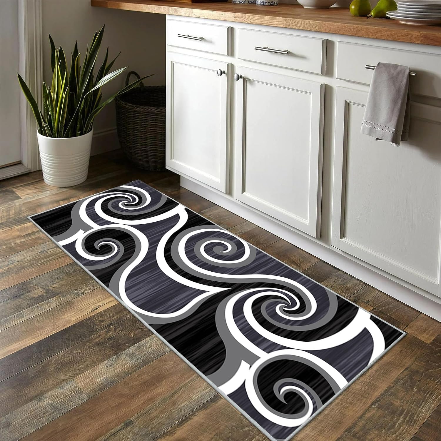 Teppich Läufer Flur Küche rutschfest Waschbar Modern Weiß Schwarz Grau Geometrisch Muster Teppichläufer Korridor Teppich Küchenläufer Lang 60x300cm Flurteppich lang Meterware Anpassbar