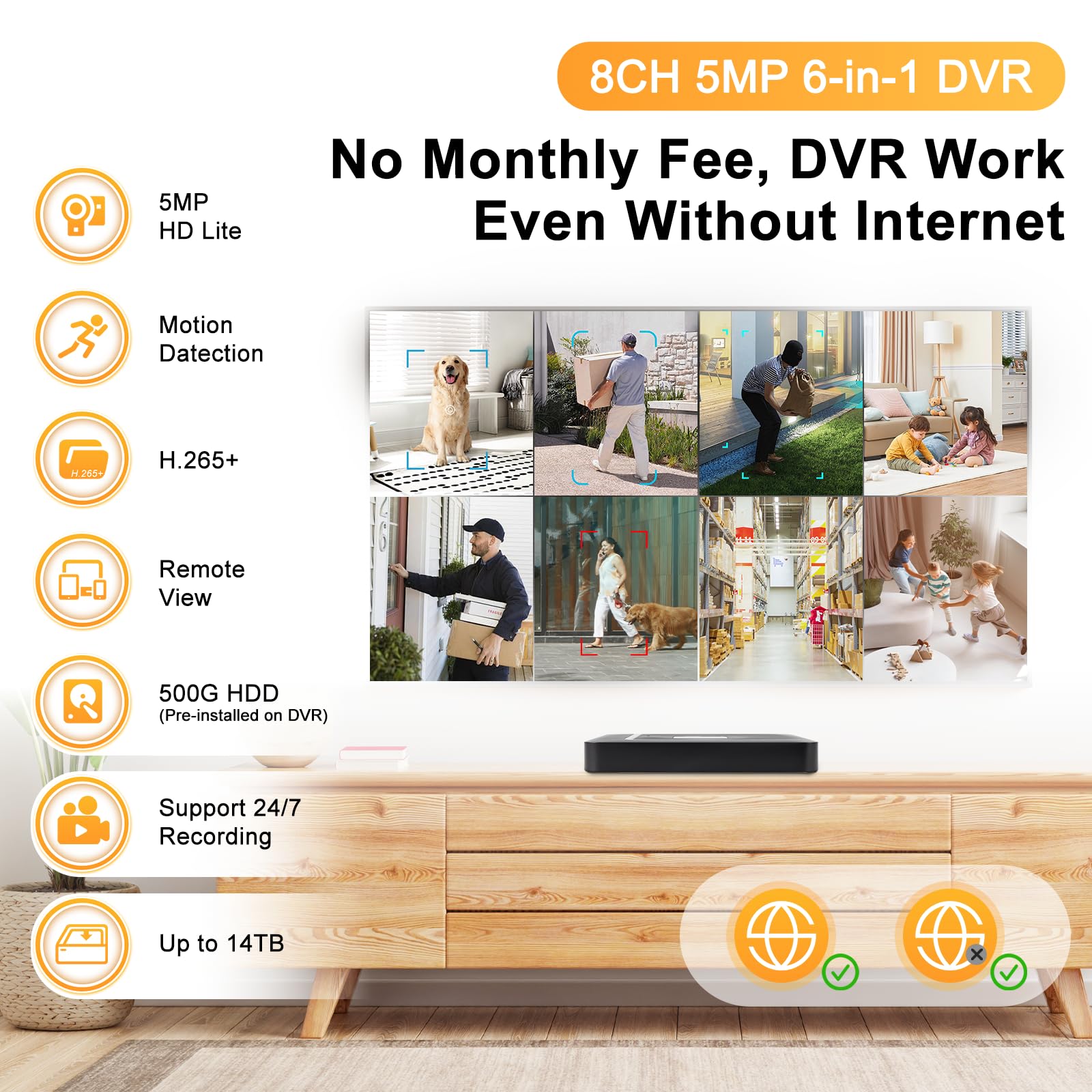 DVR de vigilancia CCTV de 8 canales con 500G HDD, 4 canales 5MP H.265+ DVR sistemas de cámara grabadora de vídeo para cámaras analógicas/XVI/CVBS/AHD/TVI/IP, DVR para cámara de seguridad hogar