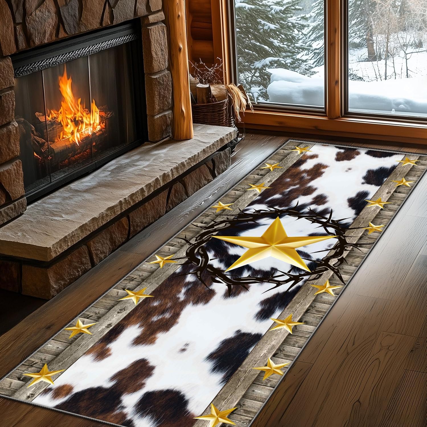 PDENZG Western Texas Star Runner Rug,60x240cm,Faux Fur Cowhide Hallway Rugs,Rustic Farmhouse Gold Pentagram Entryway Rug,Southwestern Native American Aztec Kitchen Rugs,Non Slip Soft Western Decor