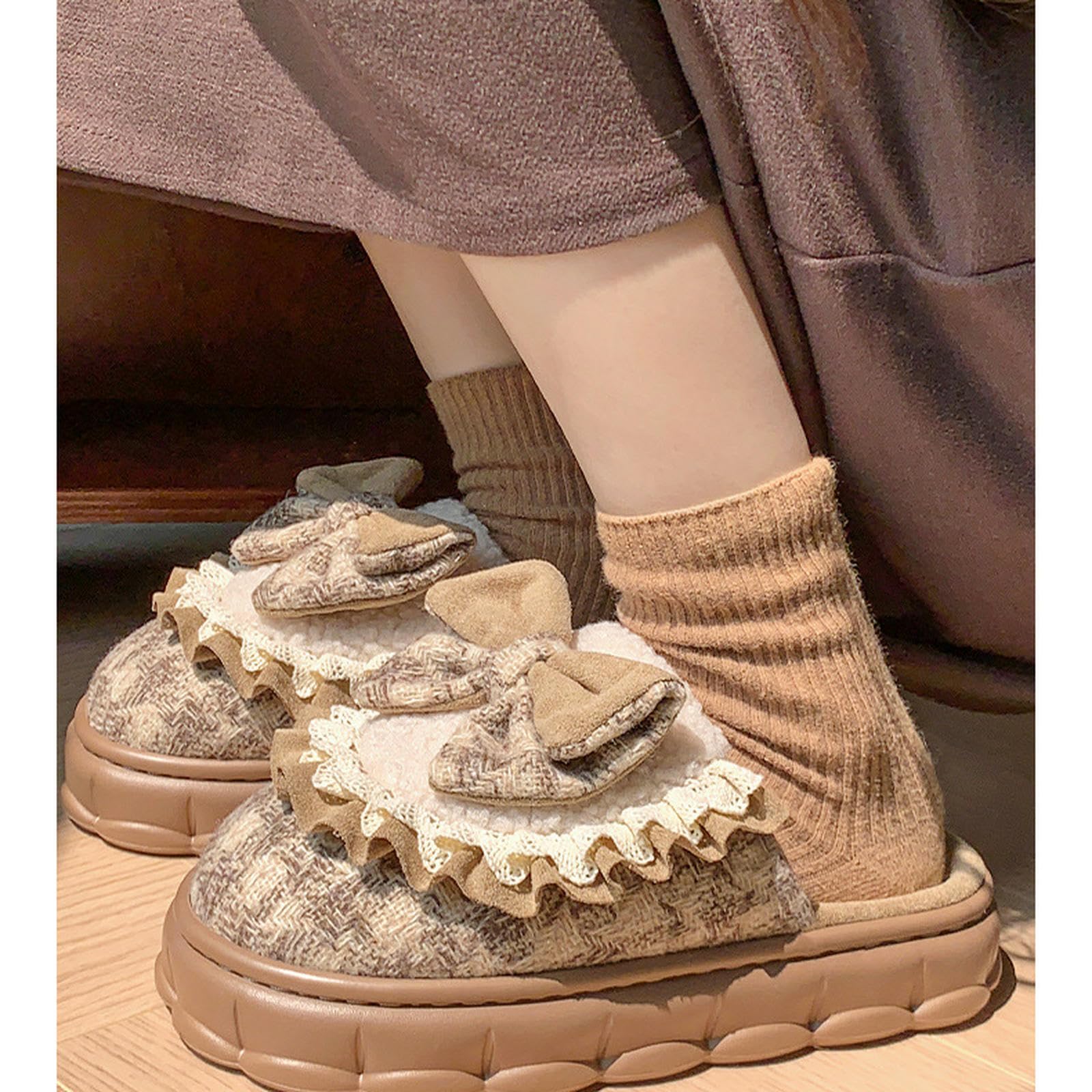 Pantofole Slifori di Cotone Bowknot per Donne Autunno E Inverno Interno E Usura Esterna più Velluto Caldo Non Slip-Verde Scuro-36 37