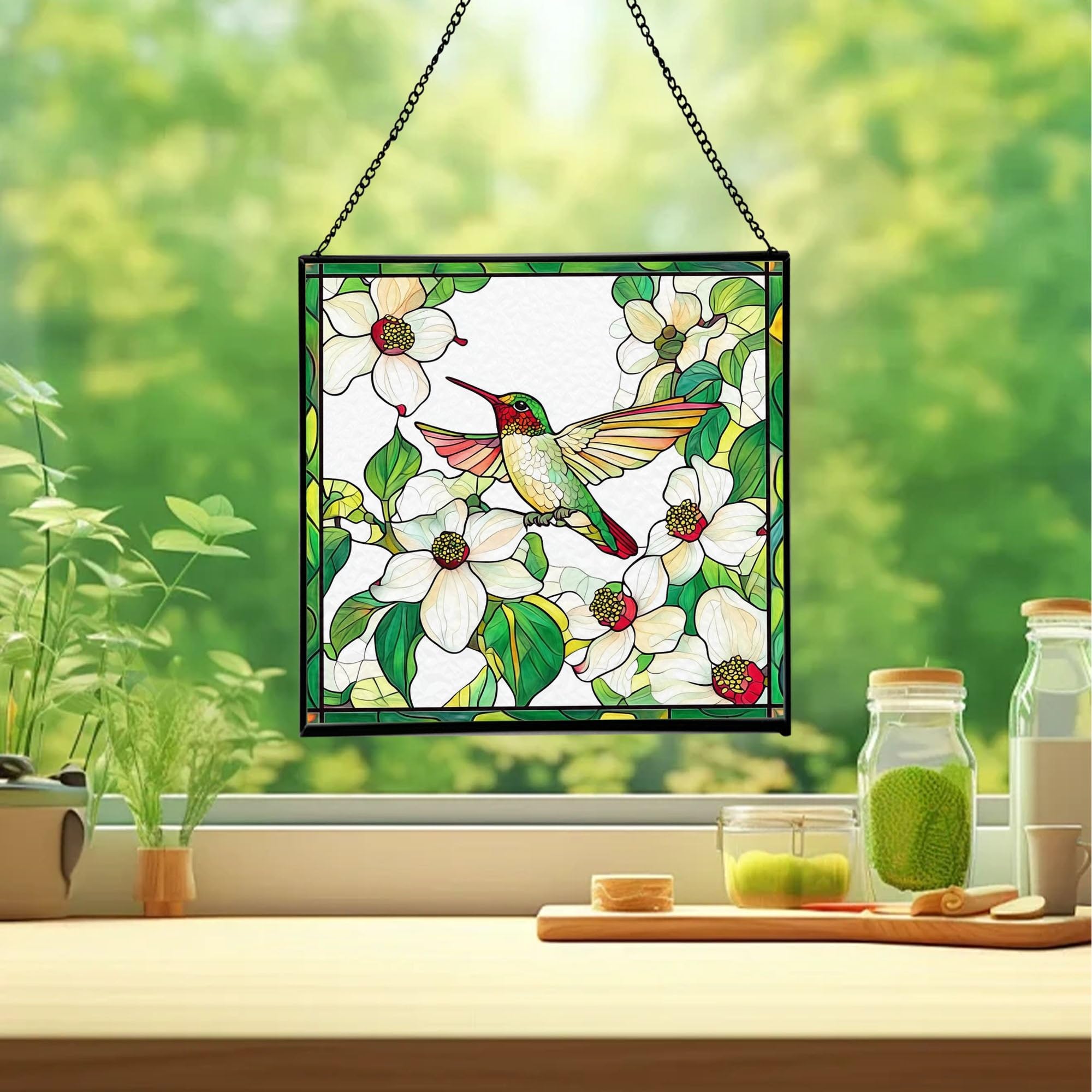 Dogwood and Hummingbirds Stained Glass Panels Window Hangings Tiffany Glass Traditional Art Crafts for Home Decor Gifts 73OR6