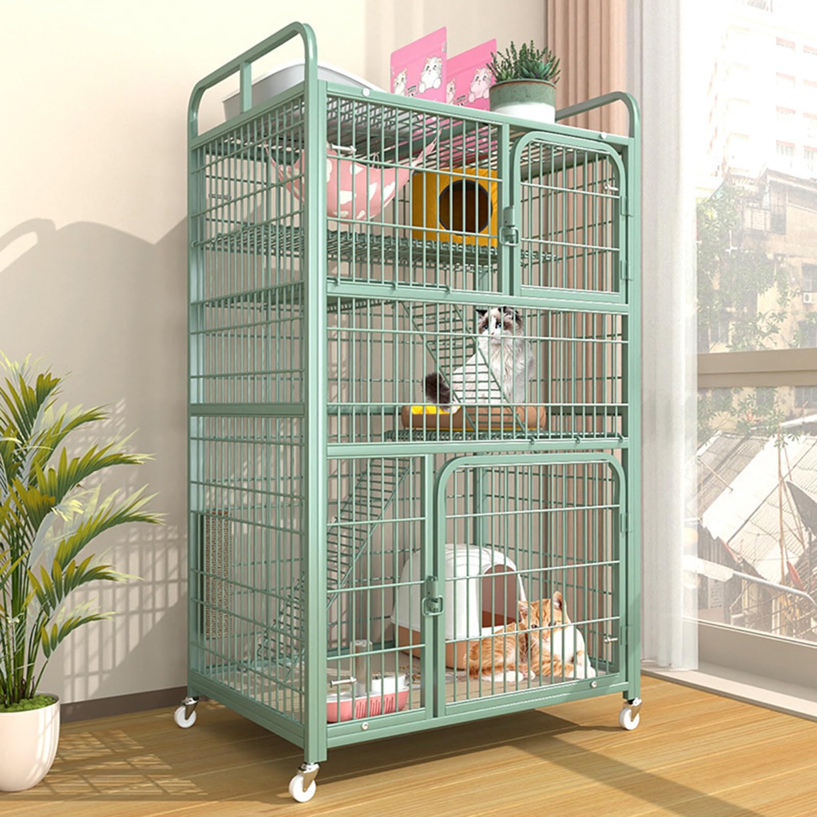 Harela One Color 3/4-Tier Cat Cage Indoor Enclosure, Large Catio For Cats Indoor Outdoor Enclosure On Wheels, Balcony Cat Playpen With Platforms, Ideal For Safe Play And Relaxation, Green(70 * 55 * 112Cm)