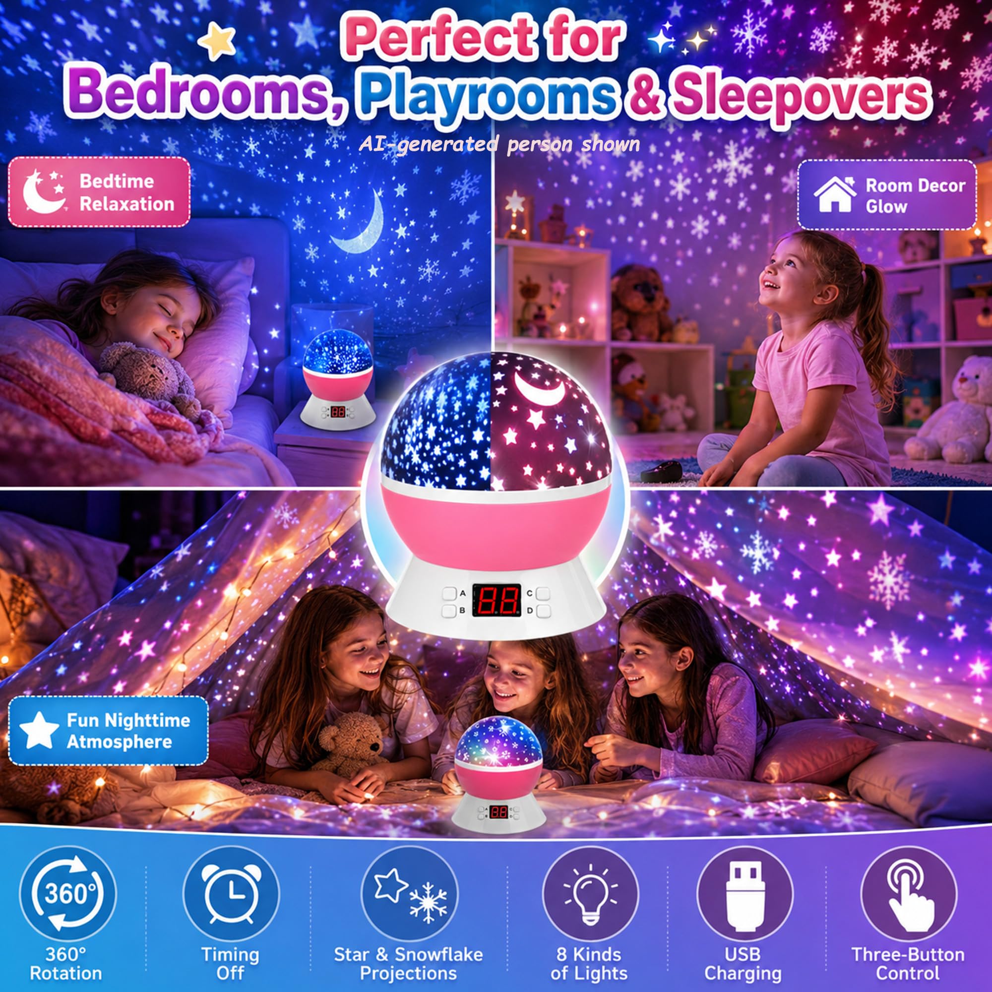 Mokoqi Projektor-Zubehör, Lampen, Sternenprojektor, Nachtlichter für Kinder, mit Timer, Geschenke 1–14 Jahre alte Mädchen und Jungen, Raumlichter leuchten im Dunkeln, Sterne, ideales Geschenk, schwarz